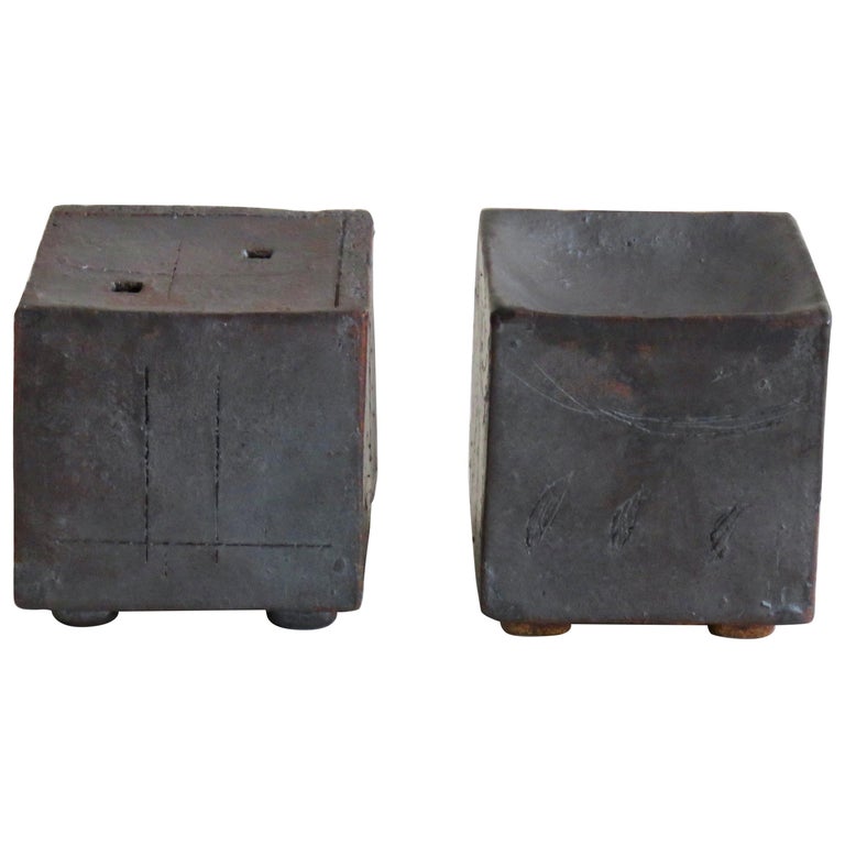 Two Small Contemplation Boxes 'Vase', Hand Built Ceramic, Rustic Metallic Glaze For Sale