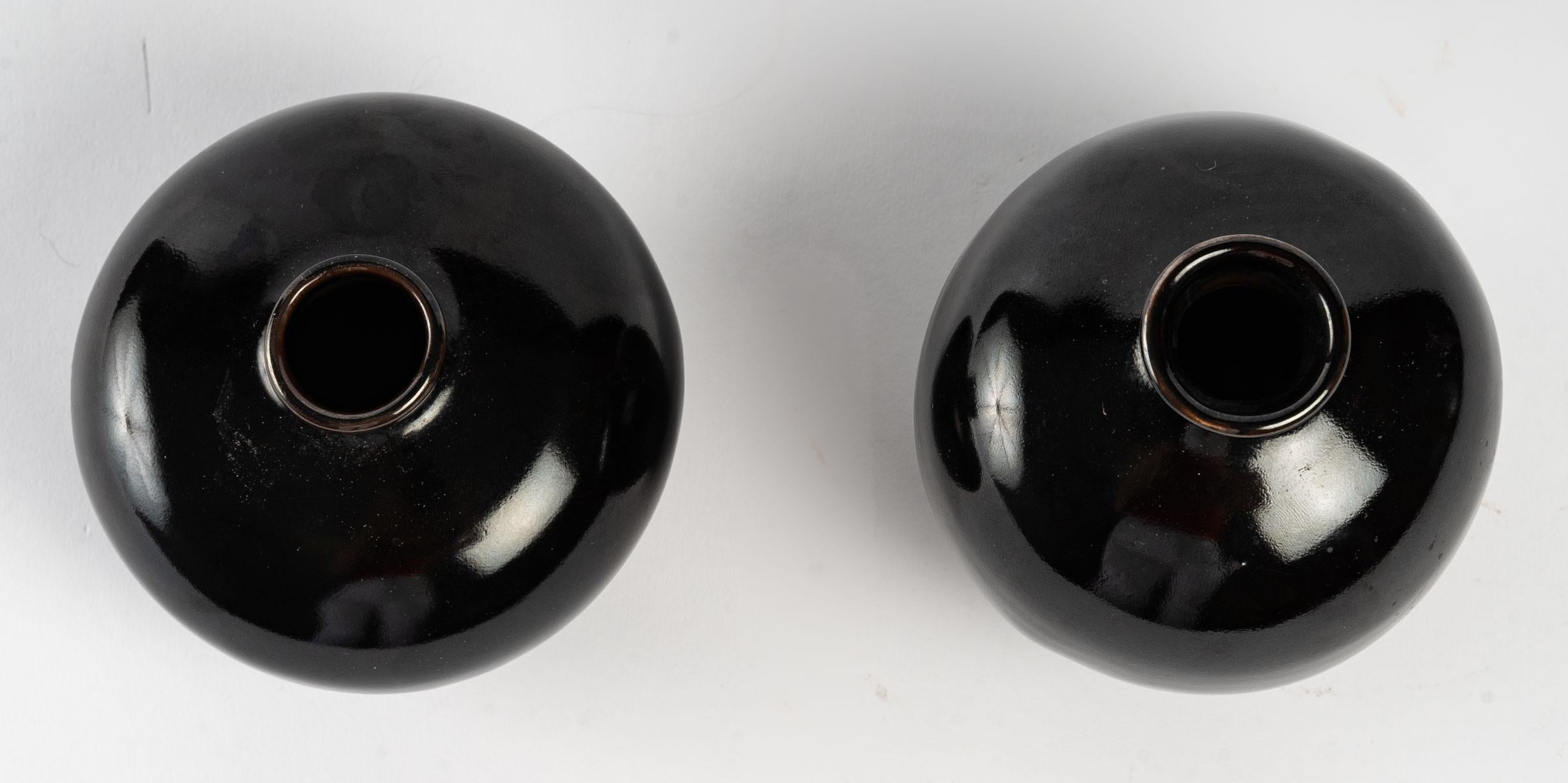 Enameled Two Small Mirror Black Enamelled Vases