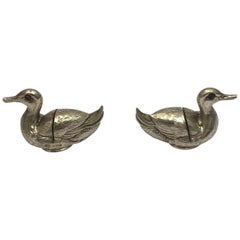 Antique Two Small Silver Matching Menu Holders in the Form of Ducks