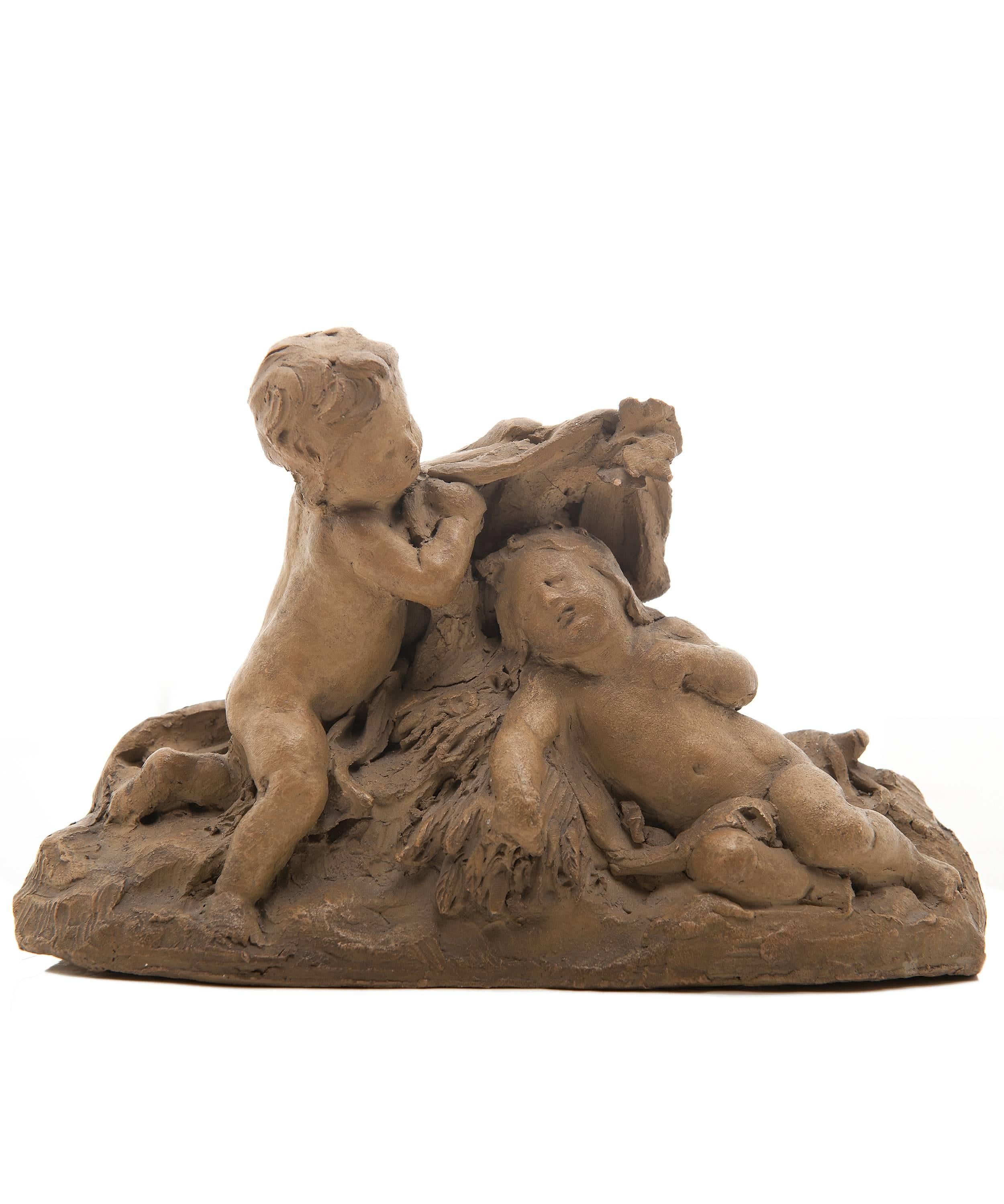 Two interesting terracotta groups representing the Summer and the Winter (from a set of the Four Seasons). Each group is formed by two putti on a rocky base, the Summer is depicted with a sheaf of corn, between the two putti, one is sheltered by the