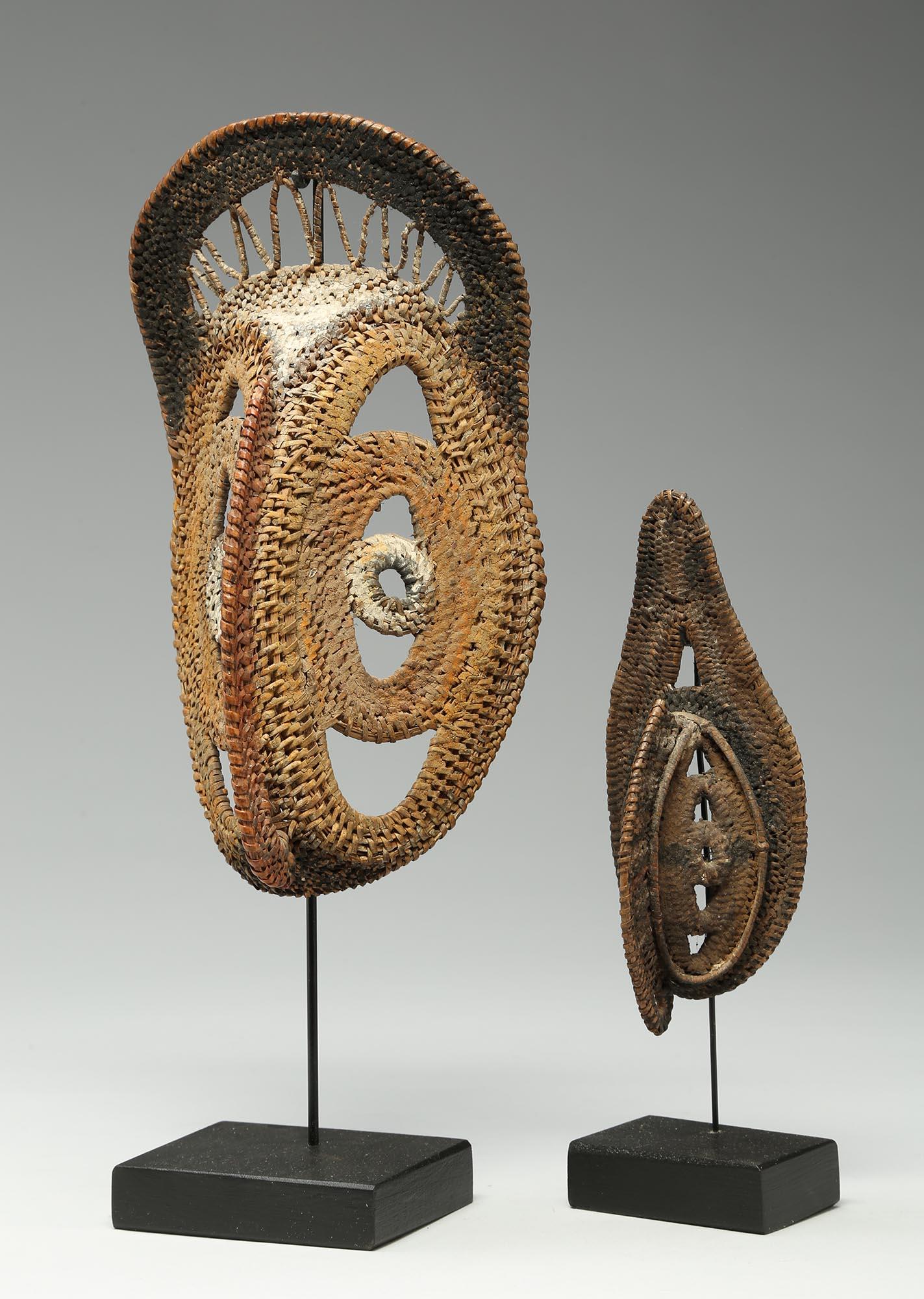 Tribal Two Small Tightly Woven Basketry New Guinea Yam Masks, Incrusted Paints