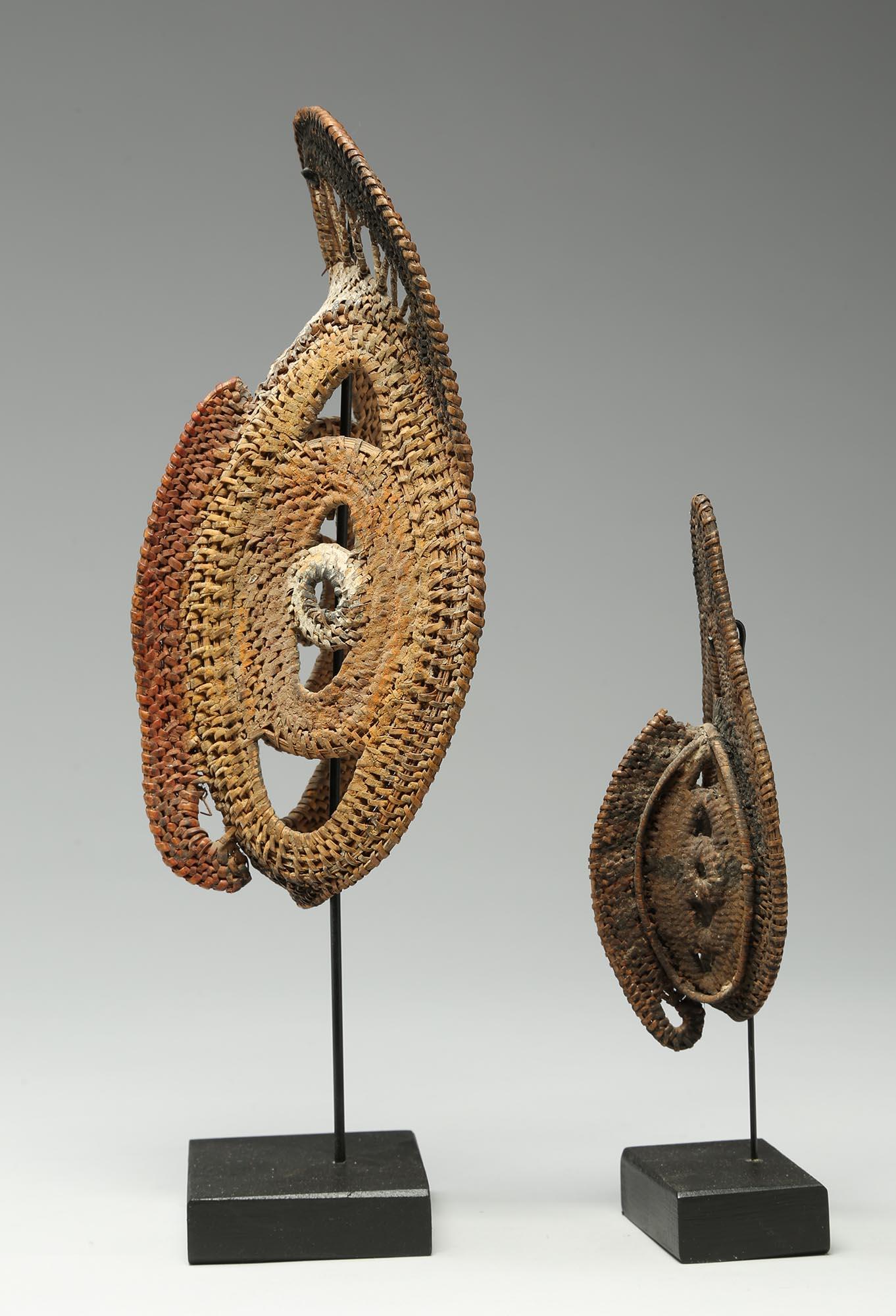 Papua New Guinean Two Small Tightly Woven Basketry New Guinea Yam Masks, Incrusted Paints
