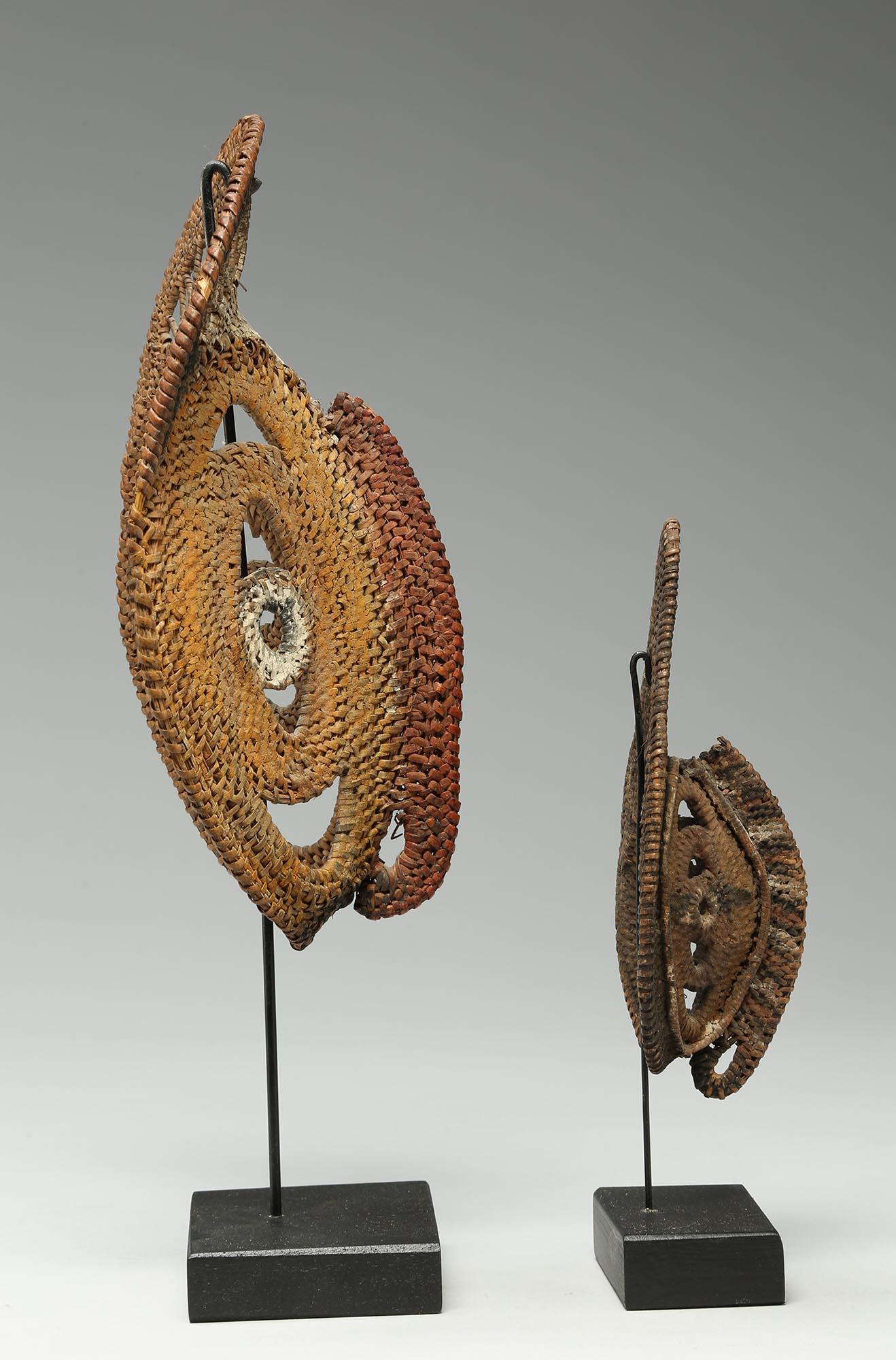 Hand-Crafted Two Small Tightly Woven Basketry New Guinea Yam Masks, Incrusted Paints