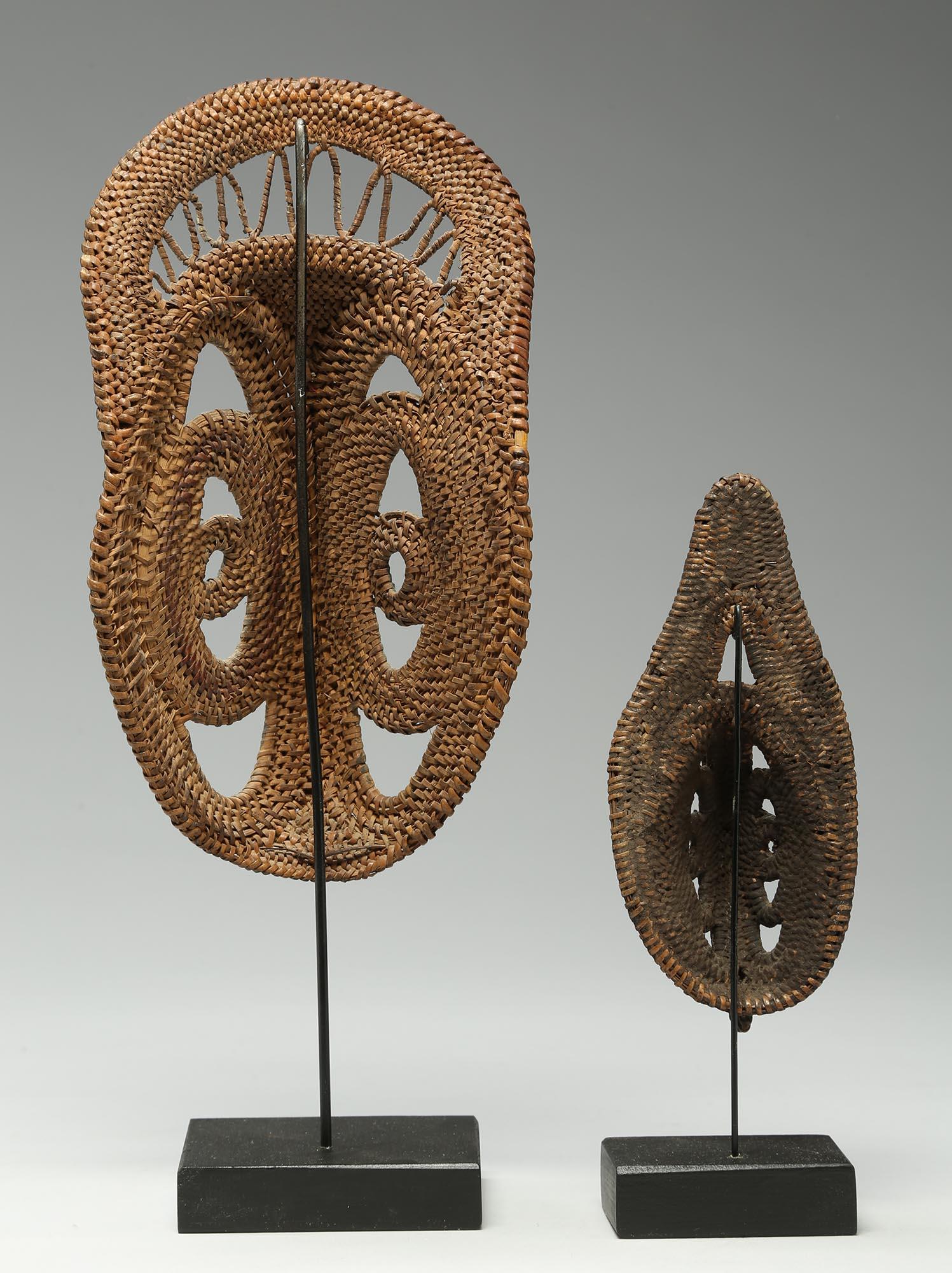 Two Small Tightly Woven Basketry New Guinea Yam Masks, Incrusted Paints In Fair Condition In Point Richmond, CA