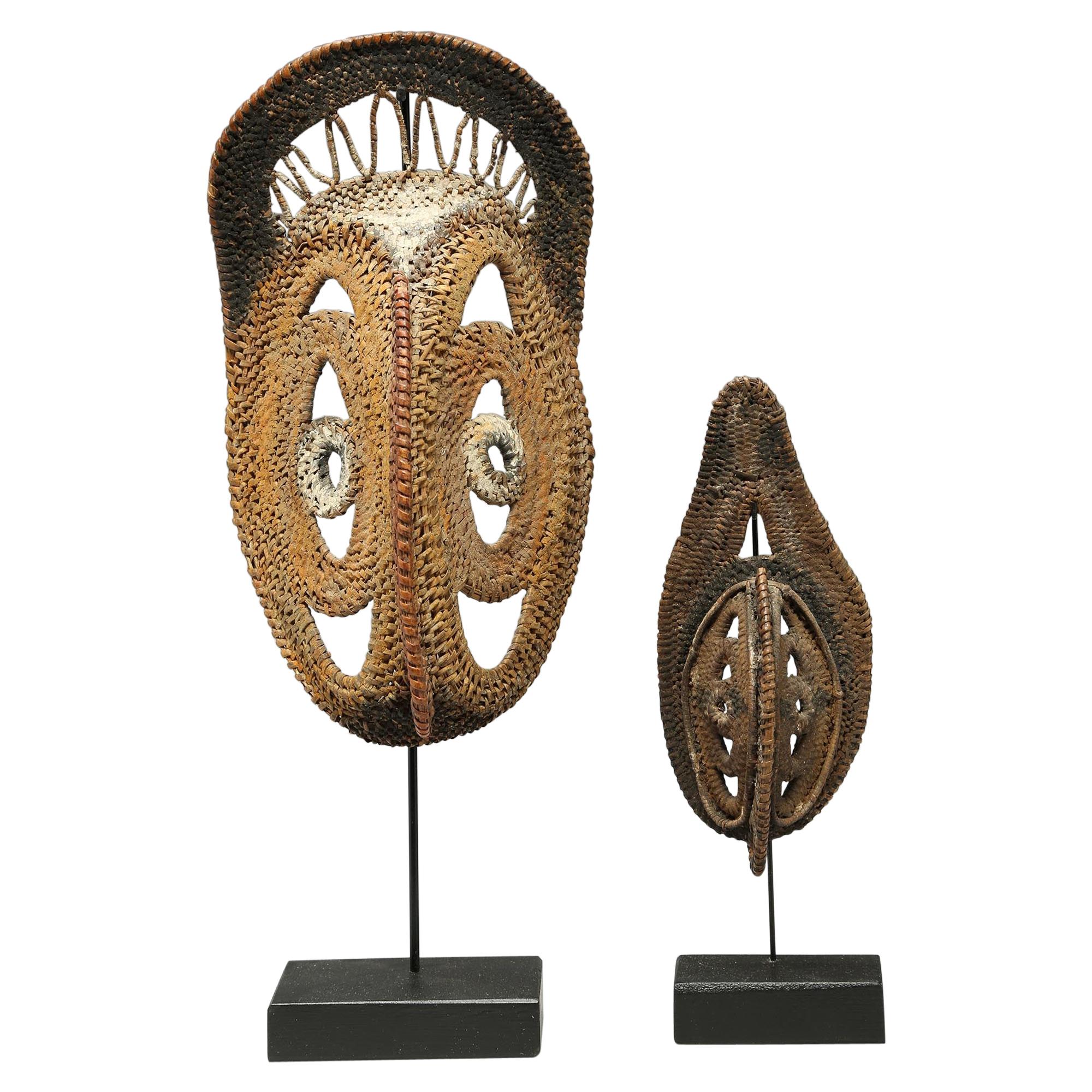 Two Small Tightly Woven Basketry New Guinea Yam Masks, Incrusted Paints