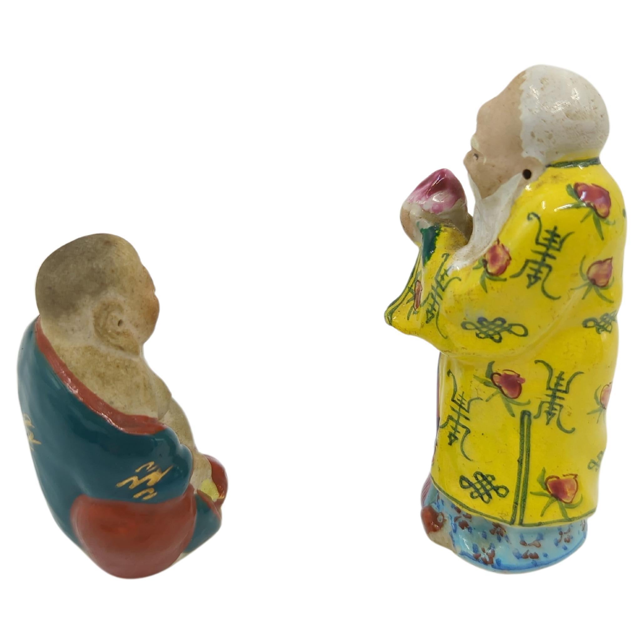 Two Small Vintage Chinese Famille Rose Buddha & God of Longevity Figures 5/6/7 In Good Condition For Sale In Richmond, CA