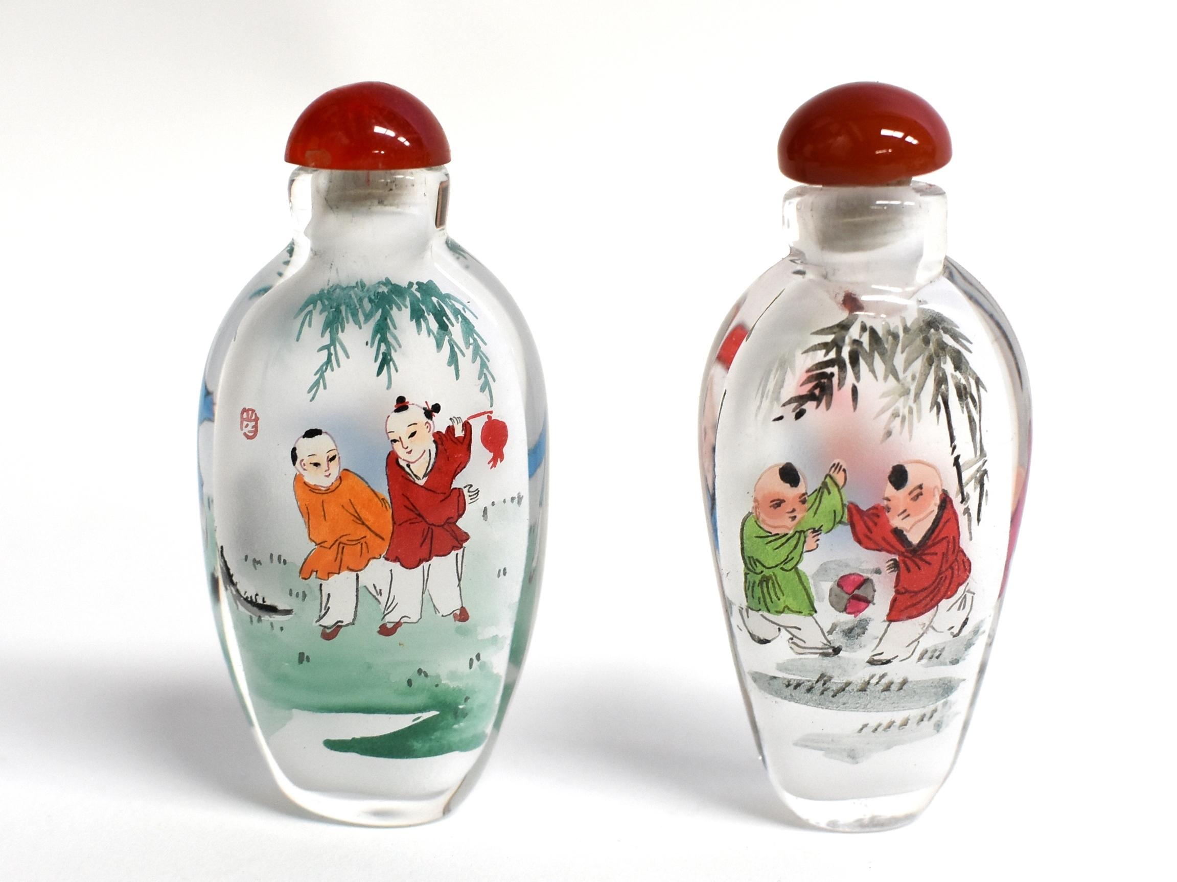 Chinese Two Snuff Bottles Painted From Inside Boys In Games For Sale