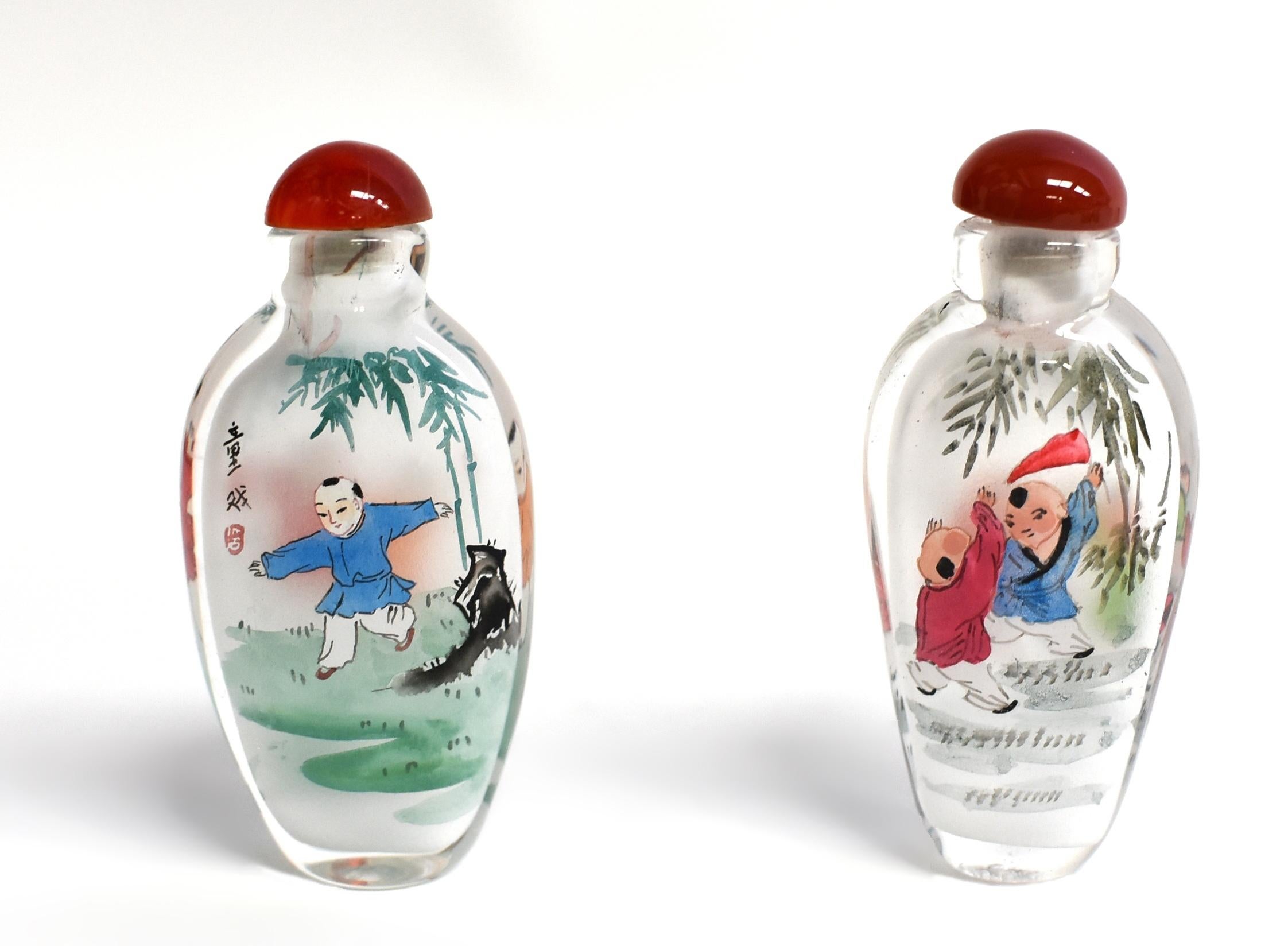 Hand-Painted Two Snuff Bottles Painted From Inside Boys In Games For Sale
