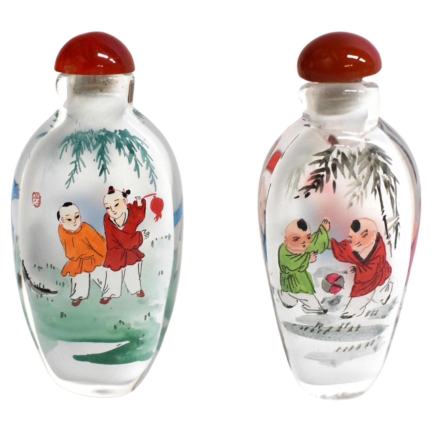 Two Snuff Bottles Painted From Inside Boys In Games For Sale