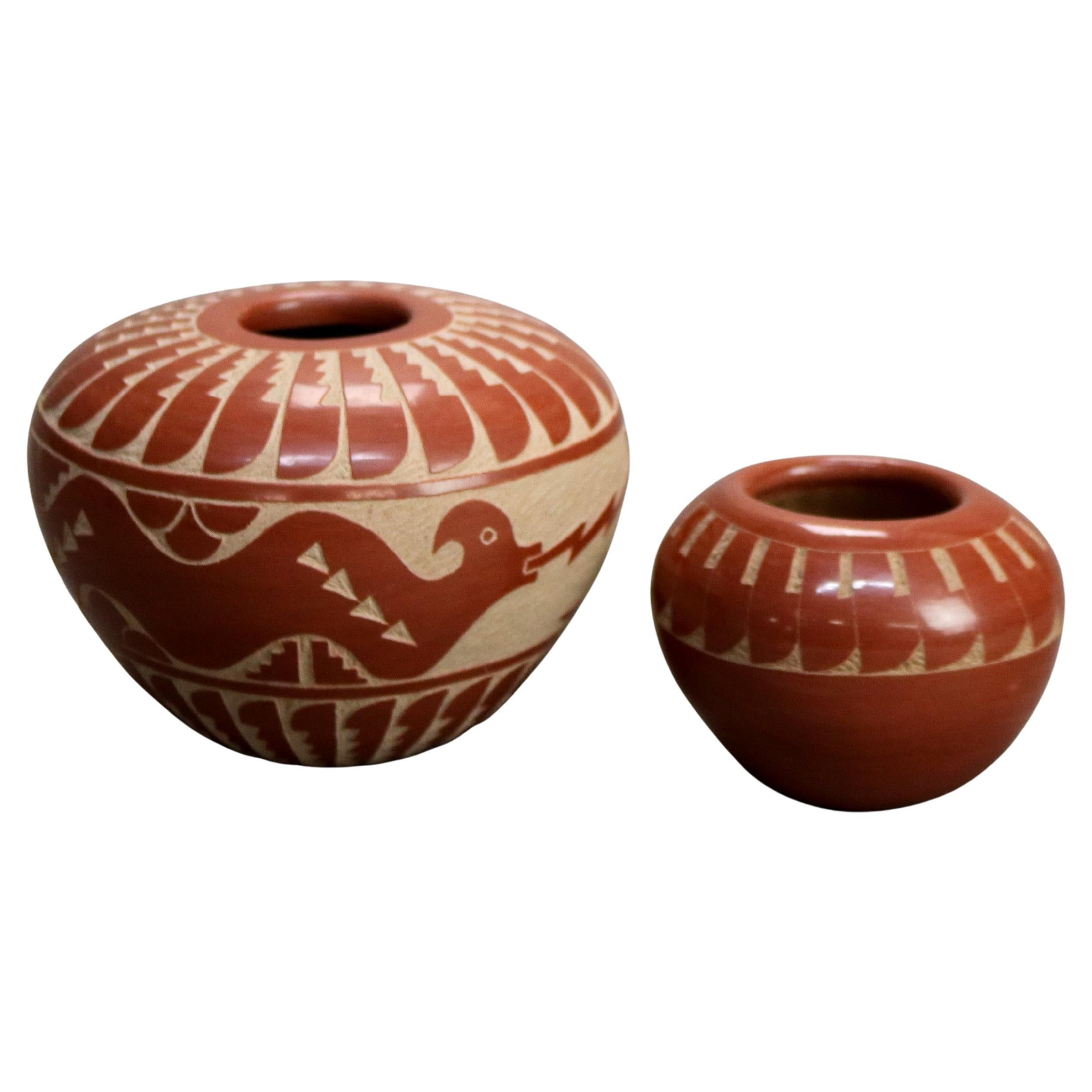 Two Southwestern Native American Redware Pueblo Pottery Signed Bowls 20thC For Sale