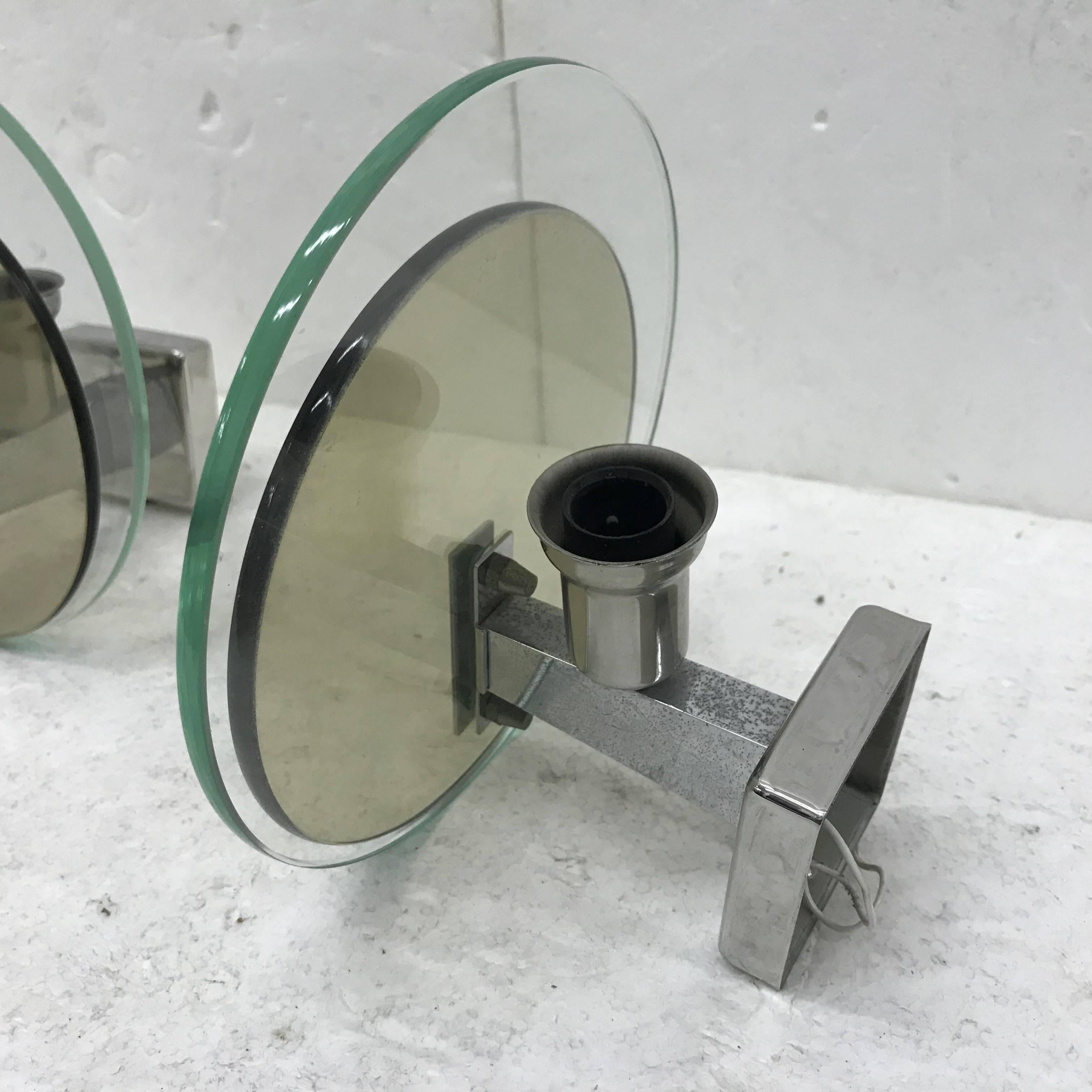 Mid-20th Century 1960s Two Space Age Italian Steel and Glass Wall Sconces by Lupi Cristal Luxor
