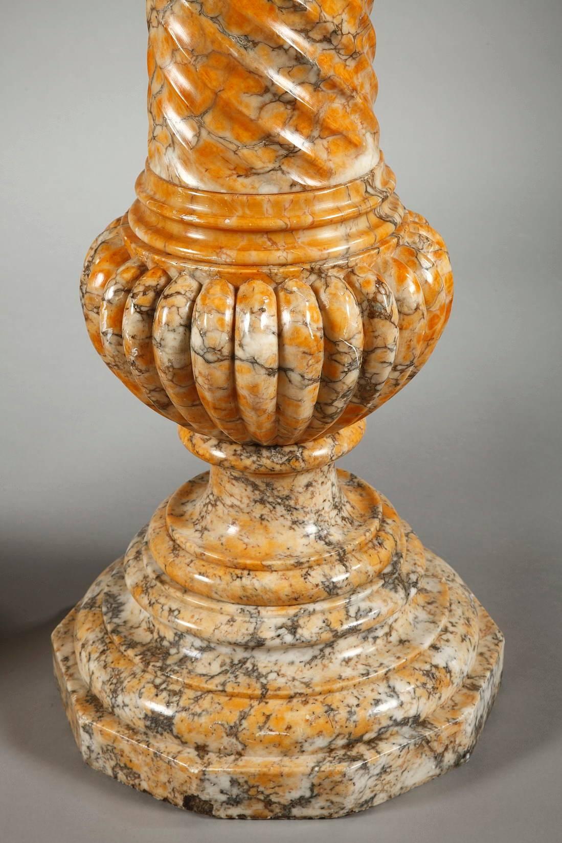 Siena Marble Two Spiraling Sienna Marble Columns 