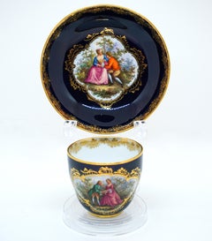 Two Splendid Meissen Cups, Cobalt With Watteau Painting & Gold Decoration, 19th