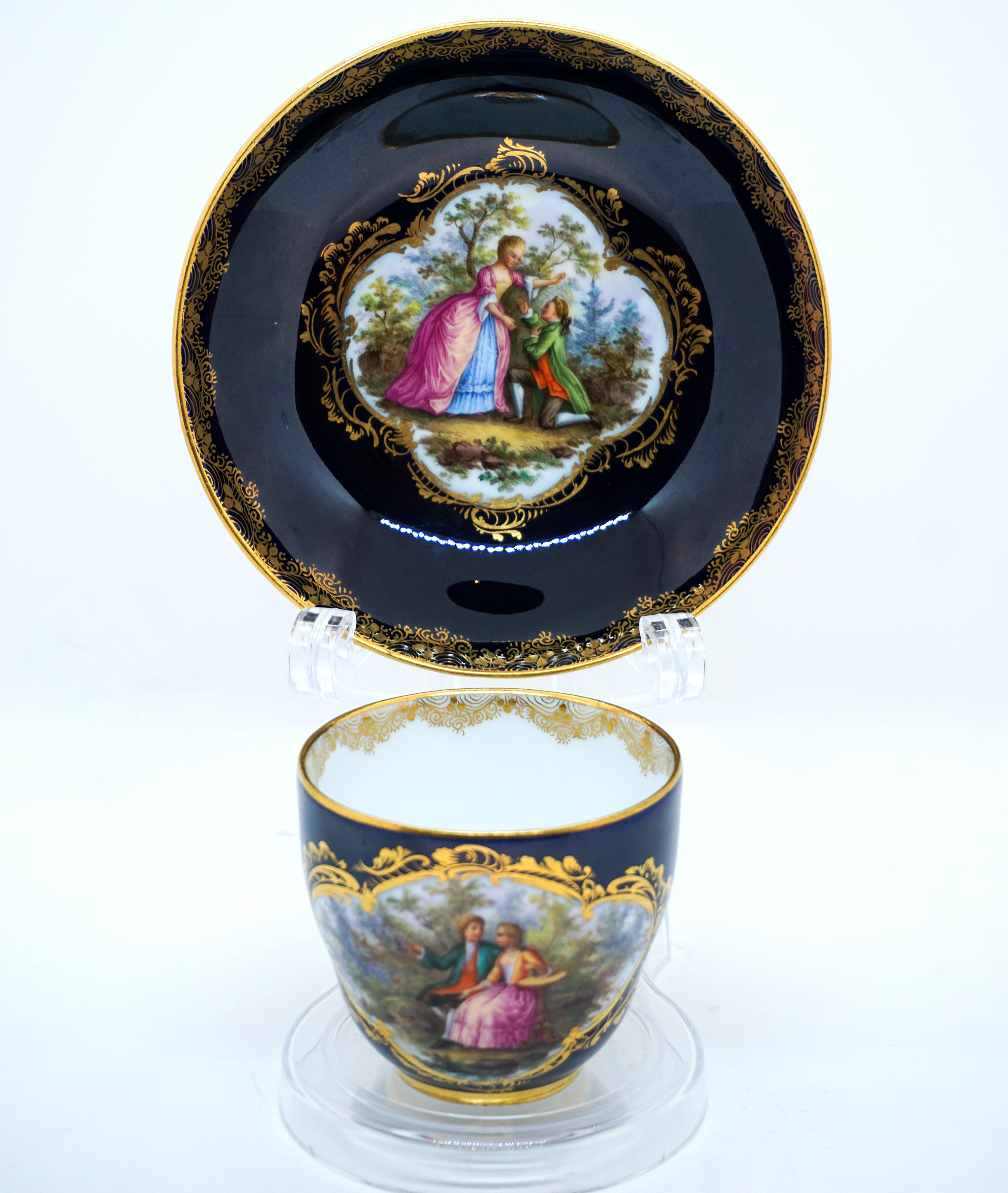 German Two Splendid Meissen Cups, Cobalt With Watteau Painting & Gold Decoration, 19th For Sale