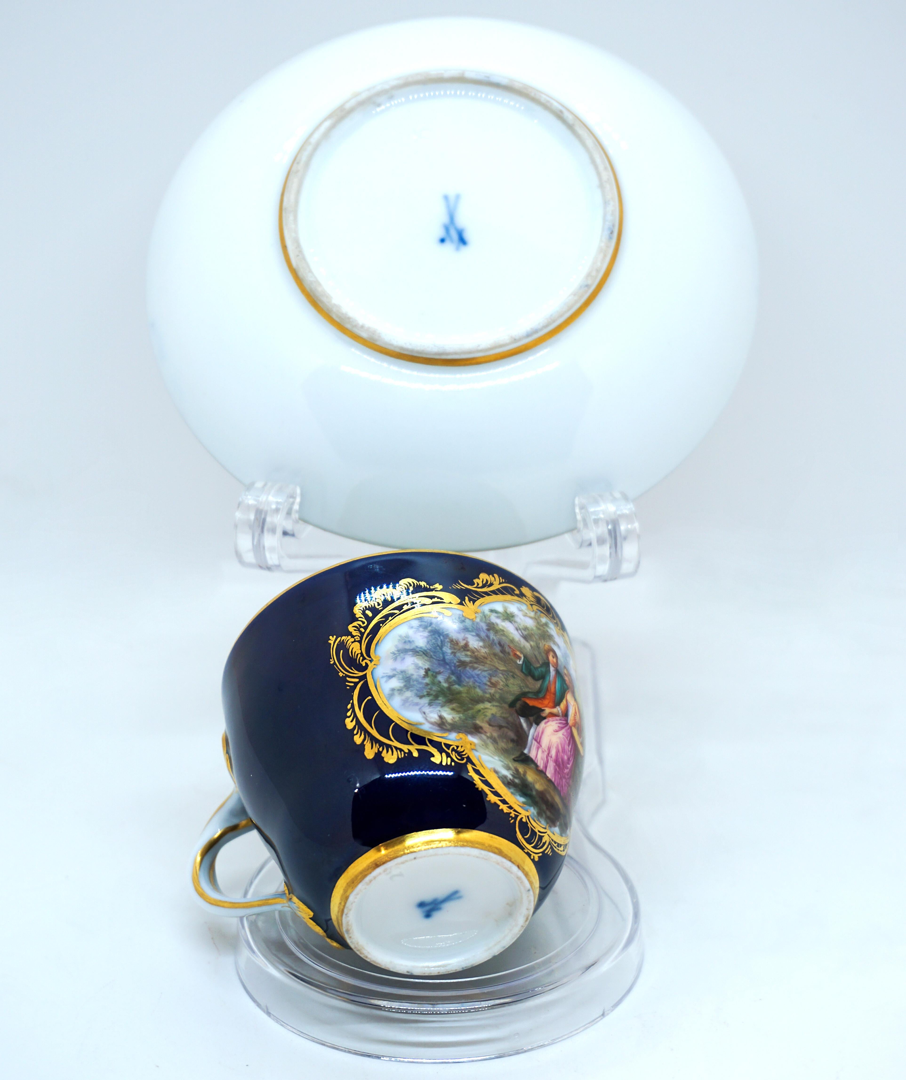 Hand-Crafted Two Splendid Meissen Cups, Cobalt With Watteau Painting & Gold Decoration, 19th For Sale