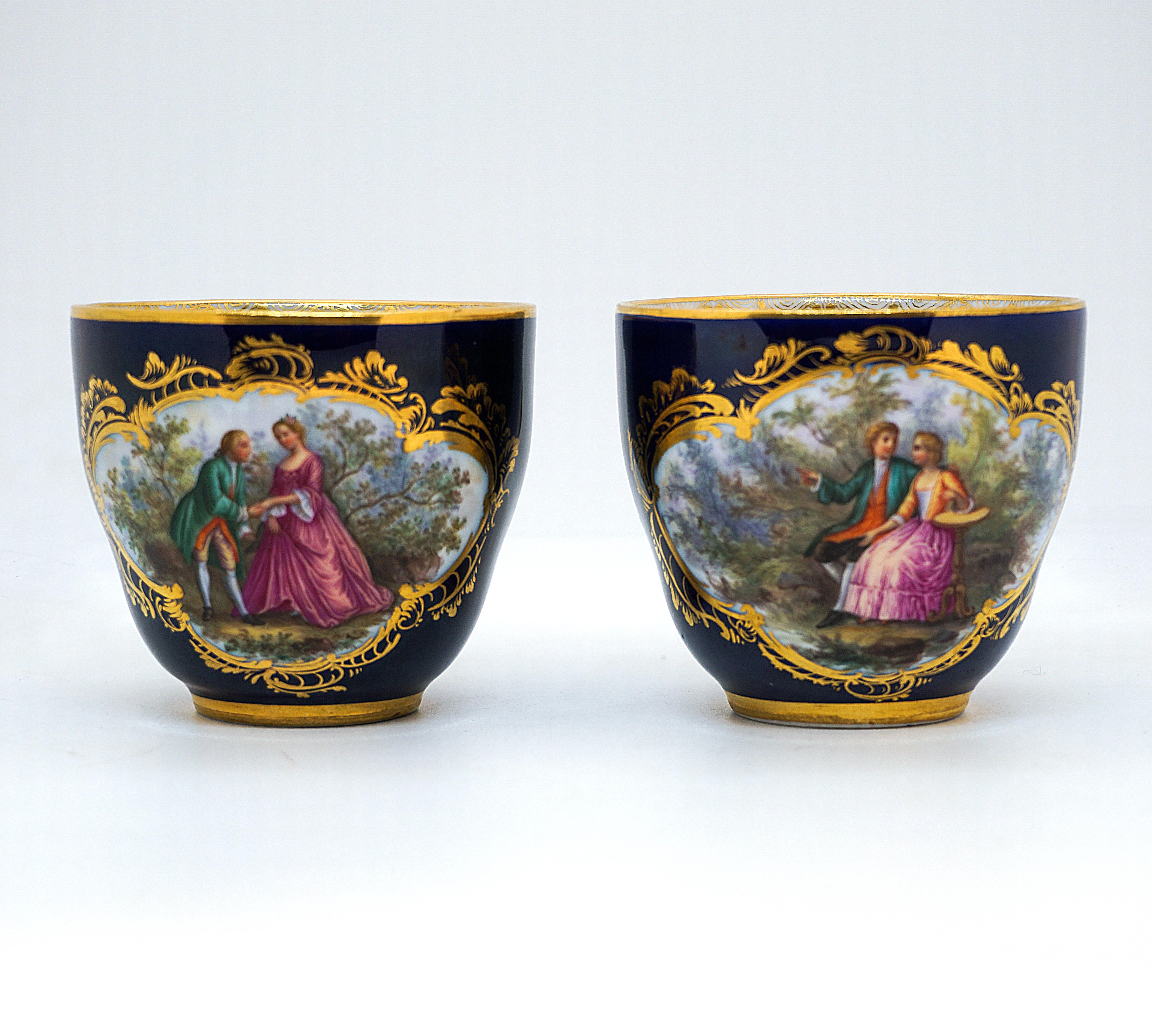Porcelain Two Splendid Meissen Cups, Cobalt With Watteau Painting & Gold Decoration, 19th For Sale