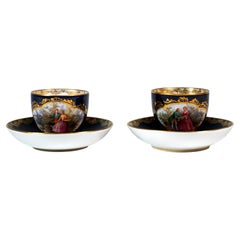 Two Splendid Meissen Cups, Cobalt With Watteau Painting & Gold Decoration, 19th