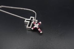 Two Splittable Nested Diamond Ruby Cross Pendant with 18K White Gold Chain