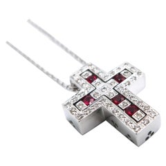 Two Splittable Nested Diamond Ruby Cross Pendant with 18K White Gold Chain