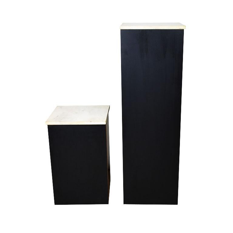 Modern Two Square Black Marble and Wood Plinth Pedestals with Marble Tops, a Pair For Sale