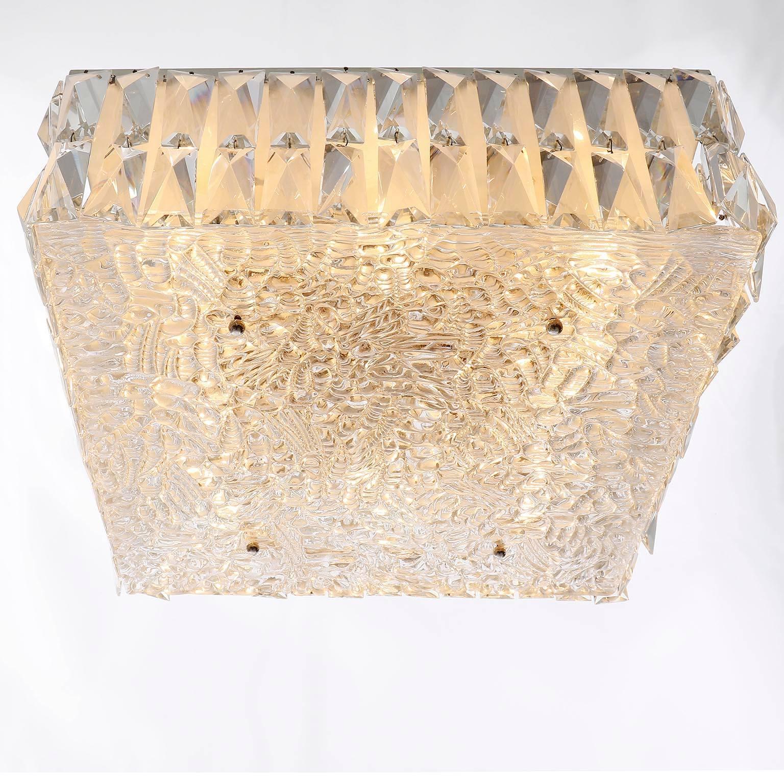 Pressed Square Kalmar Flush Mount Light Fixture, Textured and Crystal Glass, 1960s For Sale
