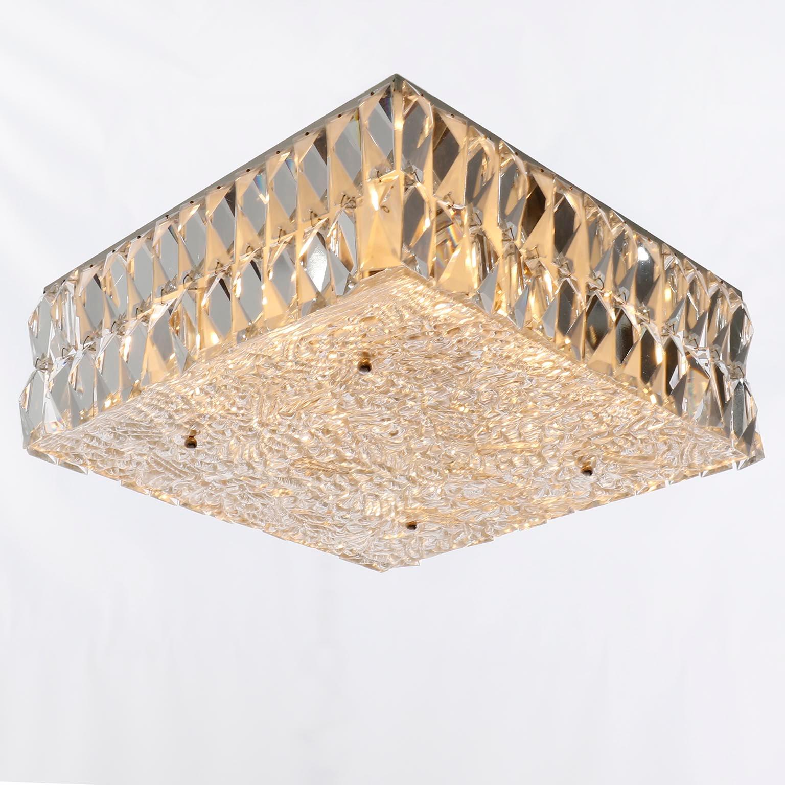 Square Kalmar Flush Mount Light Fixture, Textured and Crystal Glass, 1960s In Good Condition For Sale In Hausmannstätten, AT