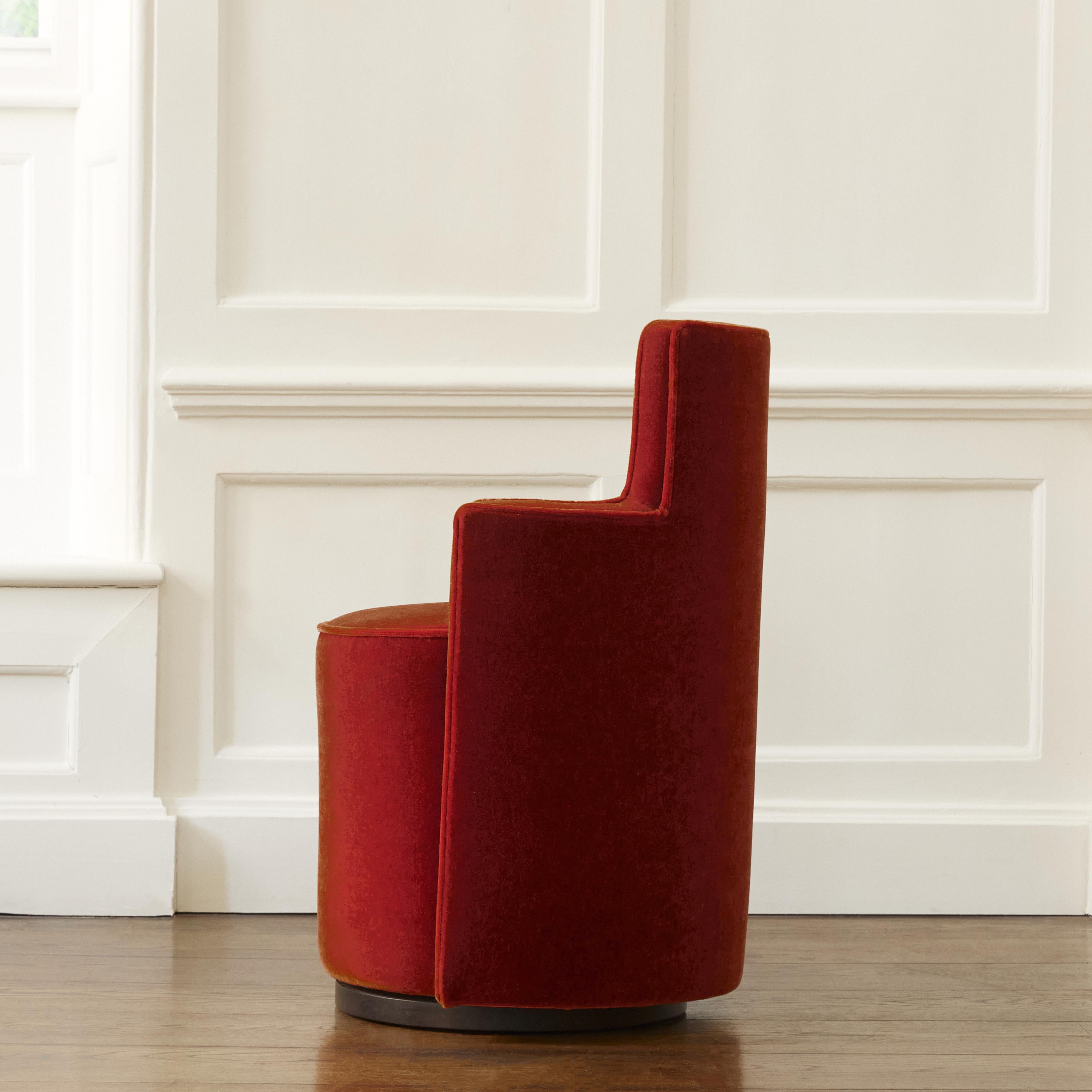 Inspired by art deco stepped motifs and with its form-hugging curved back, the Two-Step is a totally unique piece.  Crafted with a super smooth swivel base, this chair offers both style and functionality. It’s the perfect mate for any dressing
