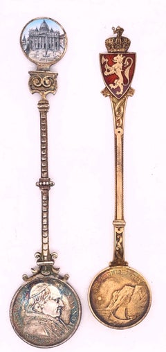 Two Sterling Silver Enamel Souvenir Spoons "925" Pope Pius VIII Depicted