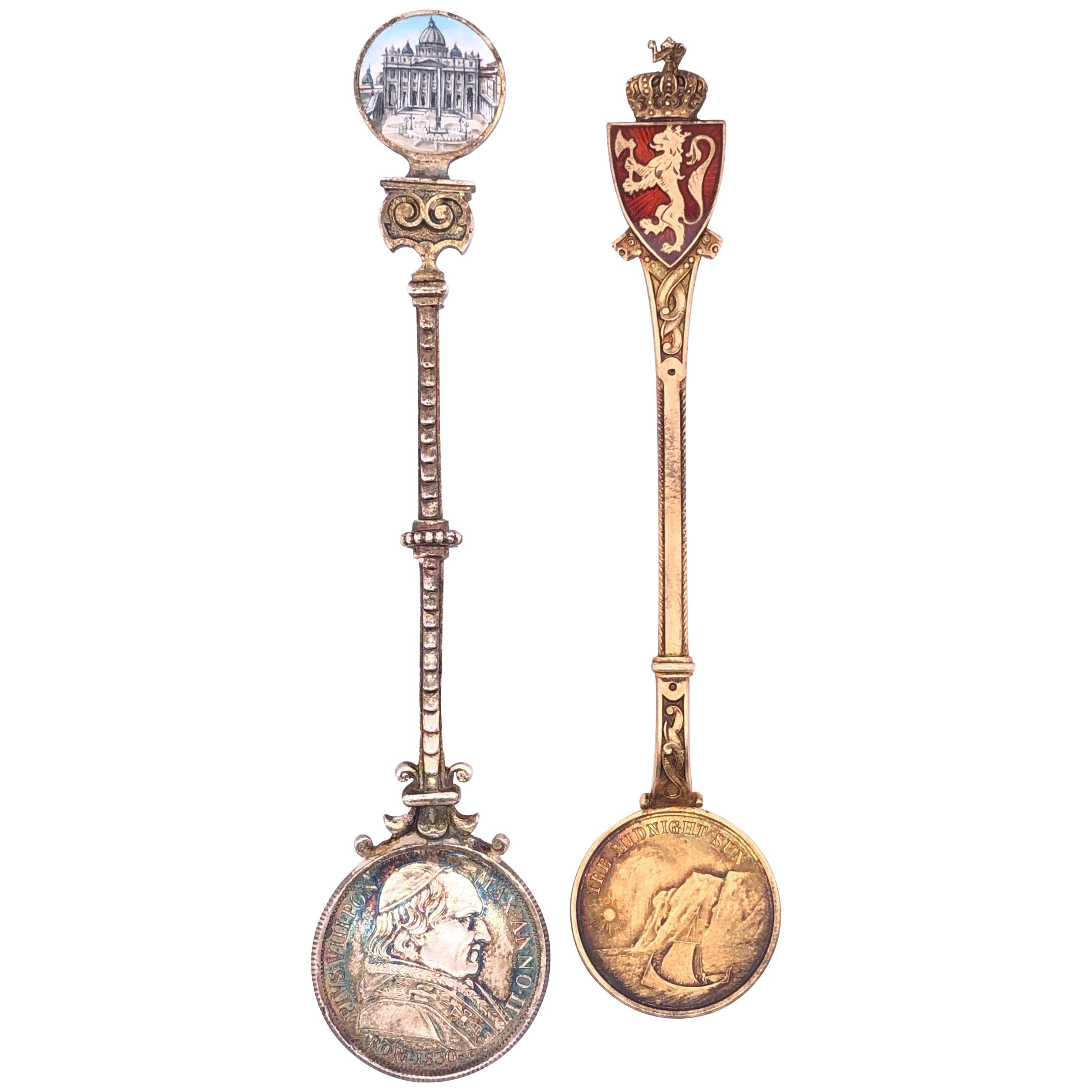 Two Sterling Silver Enamel Souvenir Spoons "925" Pope Pius VIII Depicted