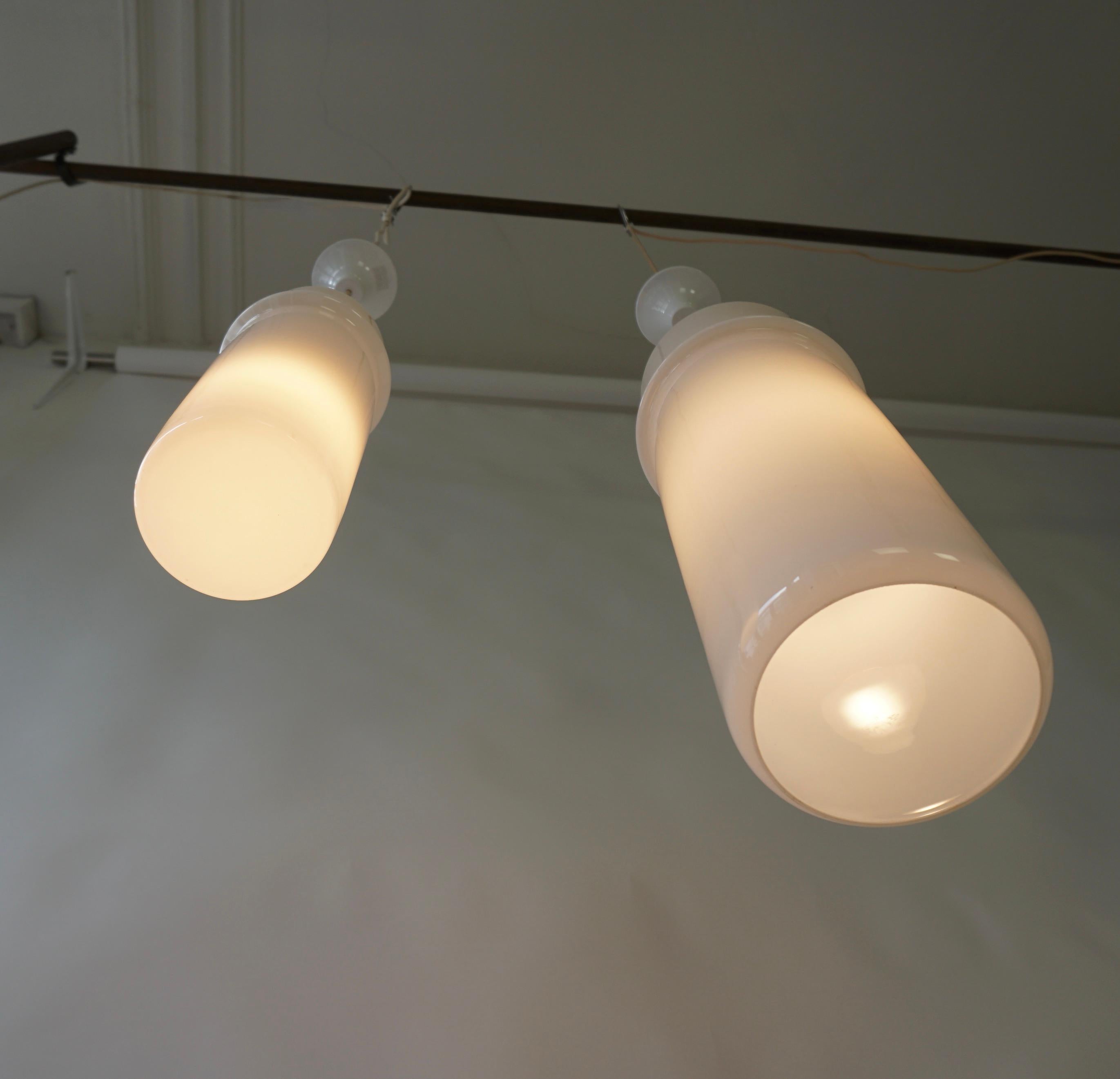 20th Century Two Stilnovo Pendant Lamps in Murano Glass and Brass, Italy, 1960s. For Sale