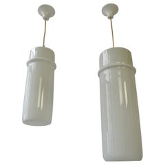 Dos lámparas colgantes Stilnovo de cristal de Murano y latón, Italia, años 60.