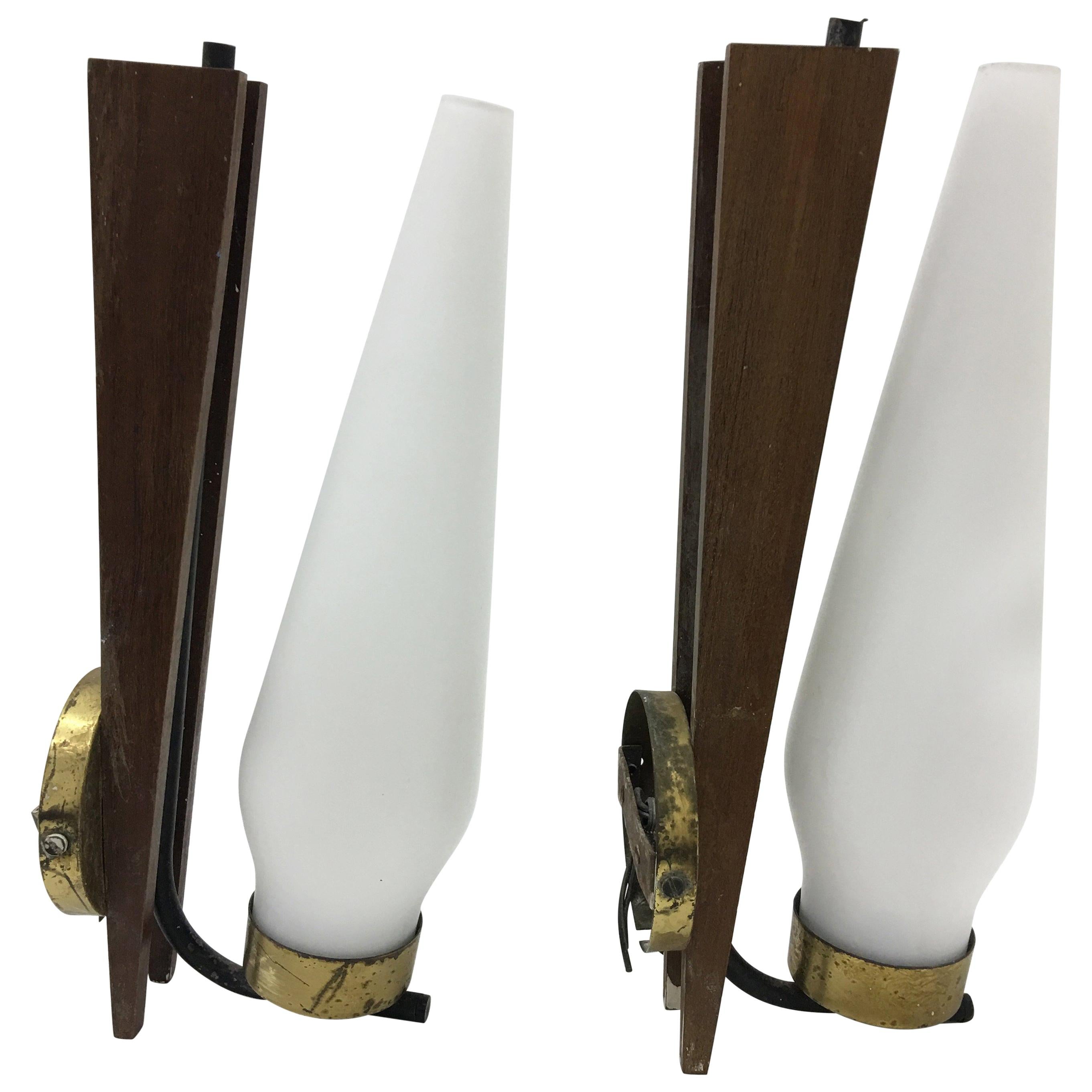 1950s Two Stilnovo Style Mid-Century Modern Italian Teak and Brass Wall Sconces For Sale