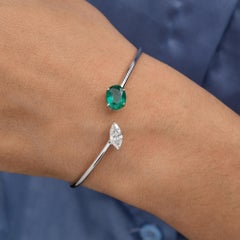 Two Stone 1.53Ct Emerald Diamond Stackable Cuff Bracelet 18k White Gold