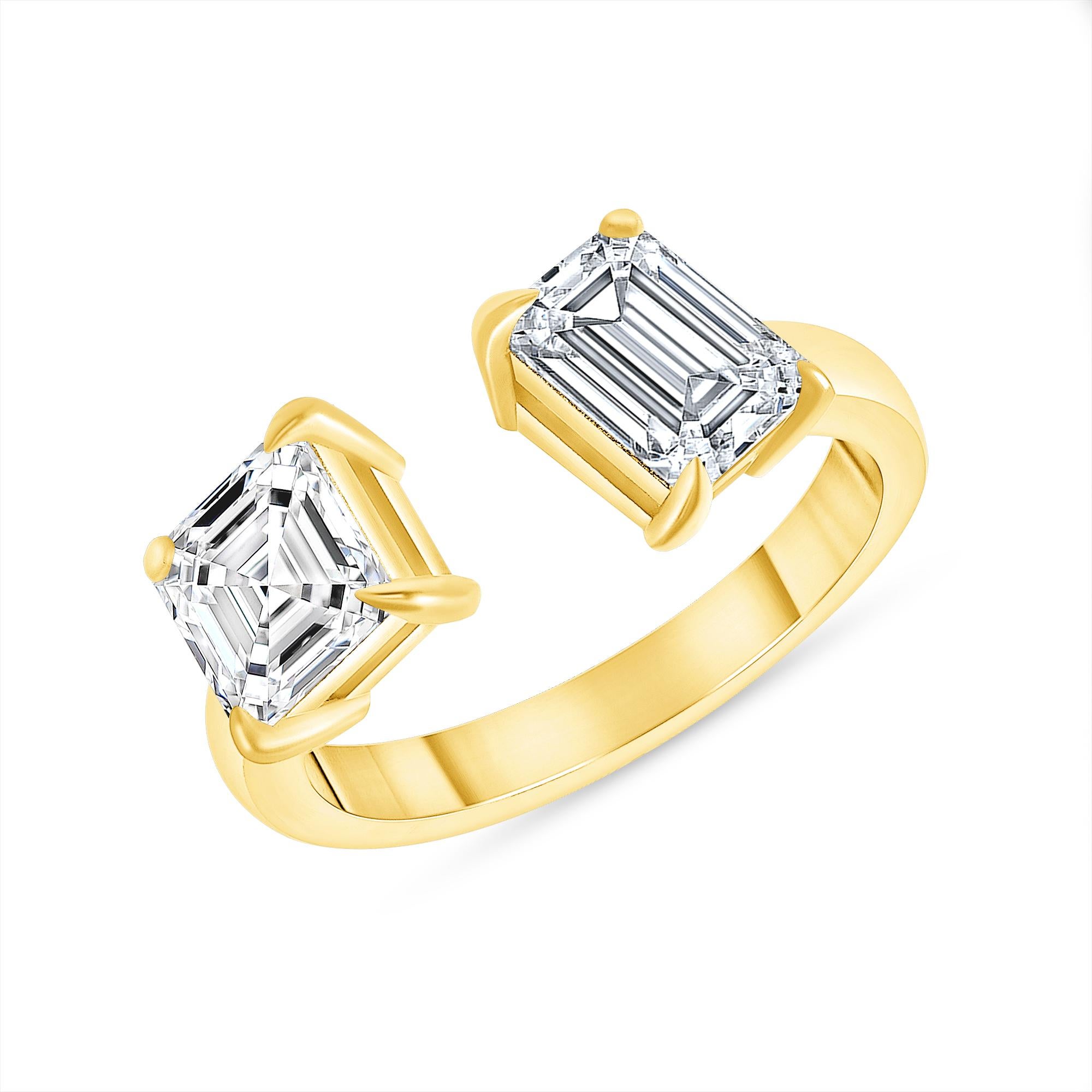 For Sale:  Two Stone Asscher and Emerald Cut Diamond Engagement Ring 1.00 Carat 3