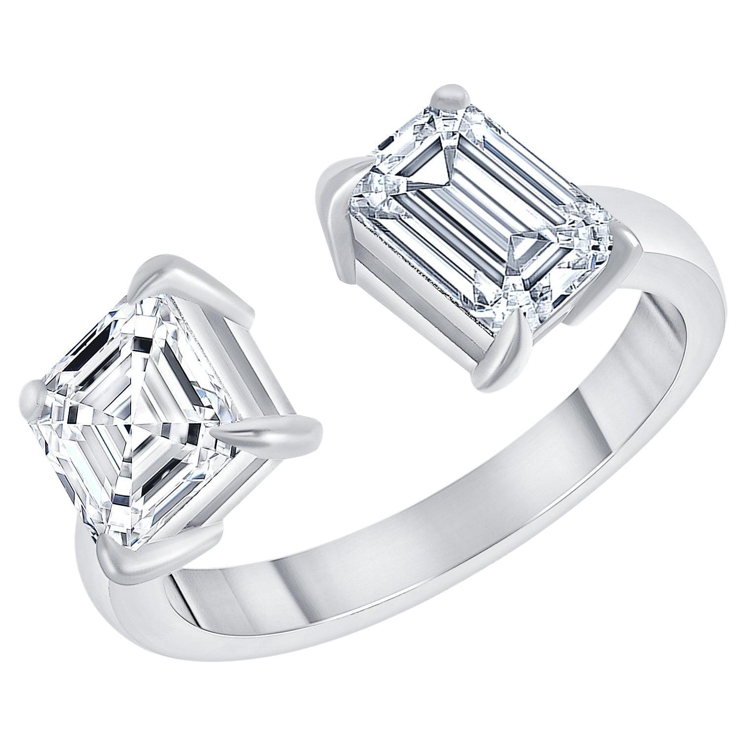 Two Stone Asscher and Emerald Cut Diamond Engagement Ring 1.00 Carat