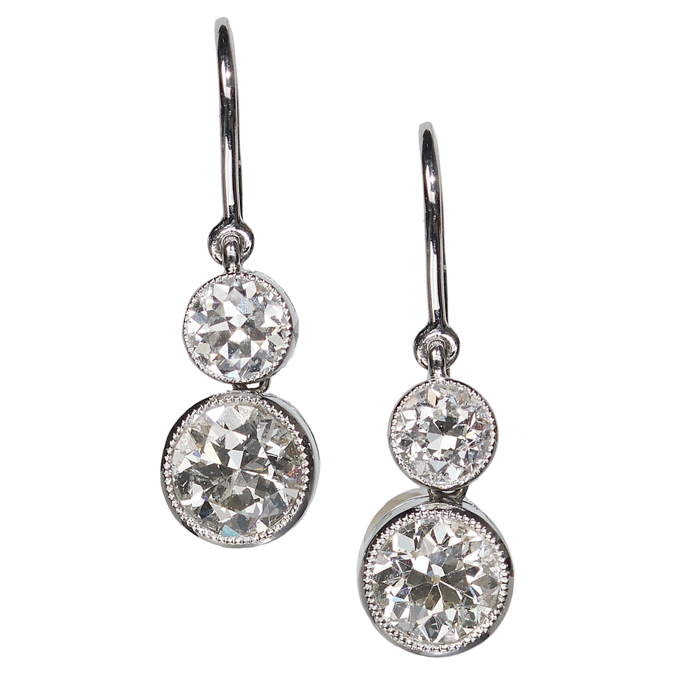 Two Stone Diamond and Platinum Earrings, 3.47 Carat