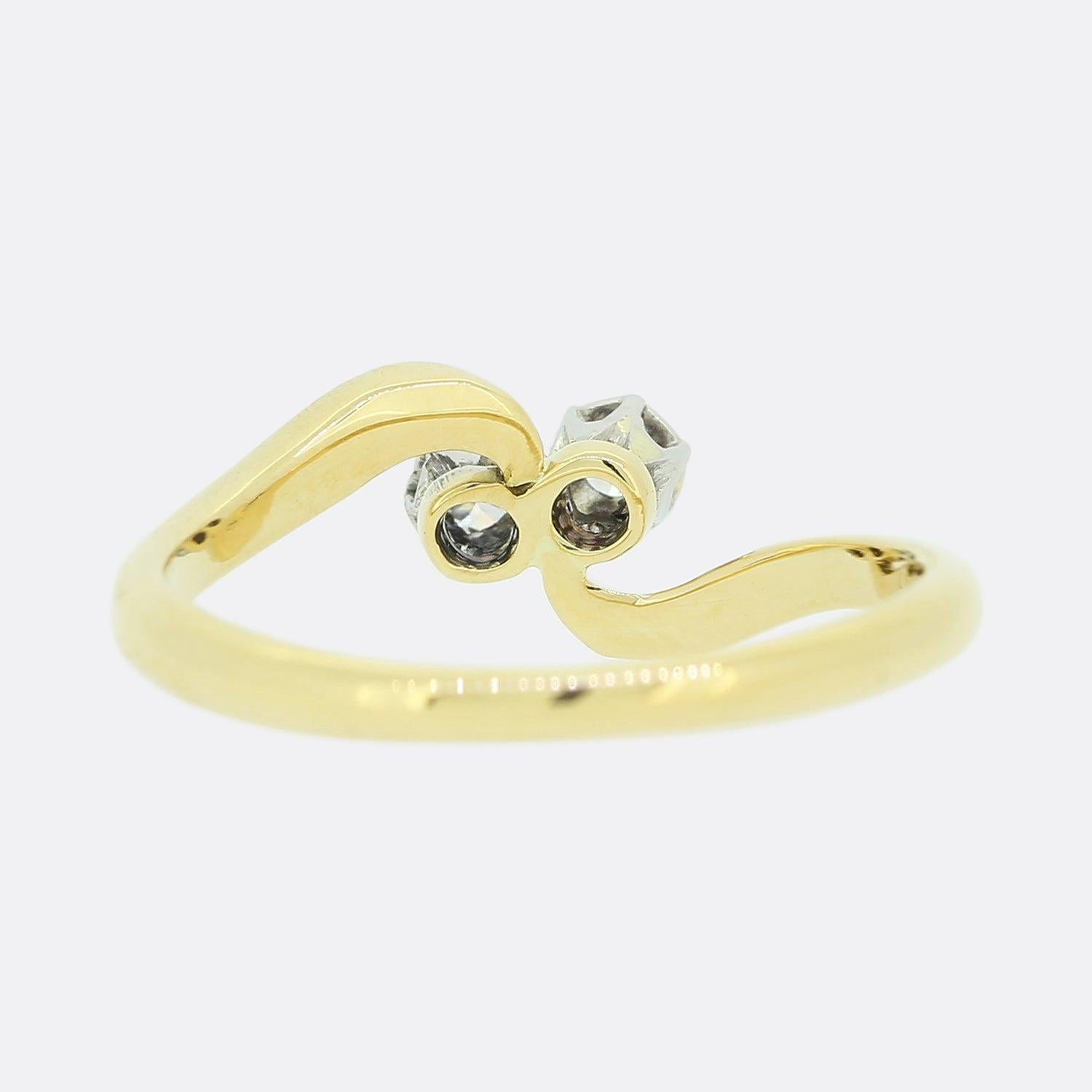Brilliant Cut Two Stone Diamond Crossover Ring For Sale
