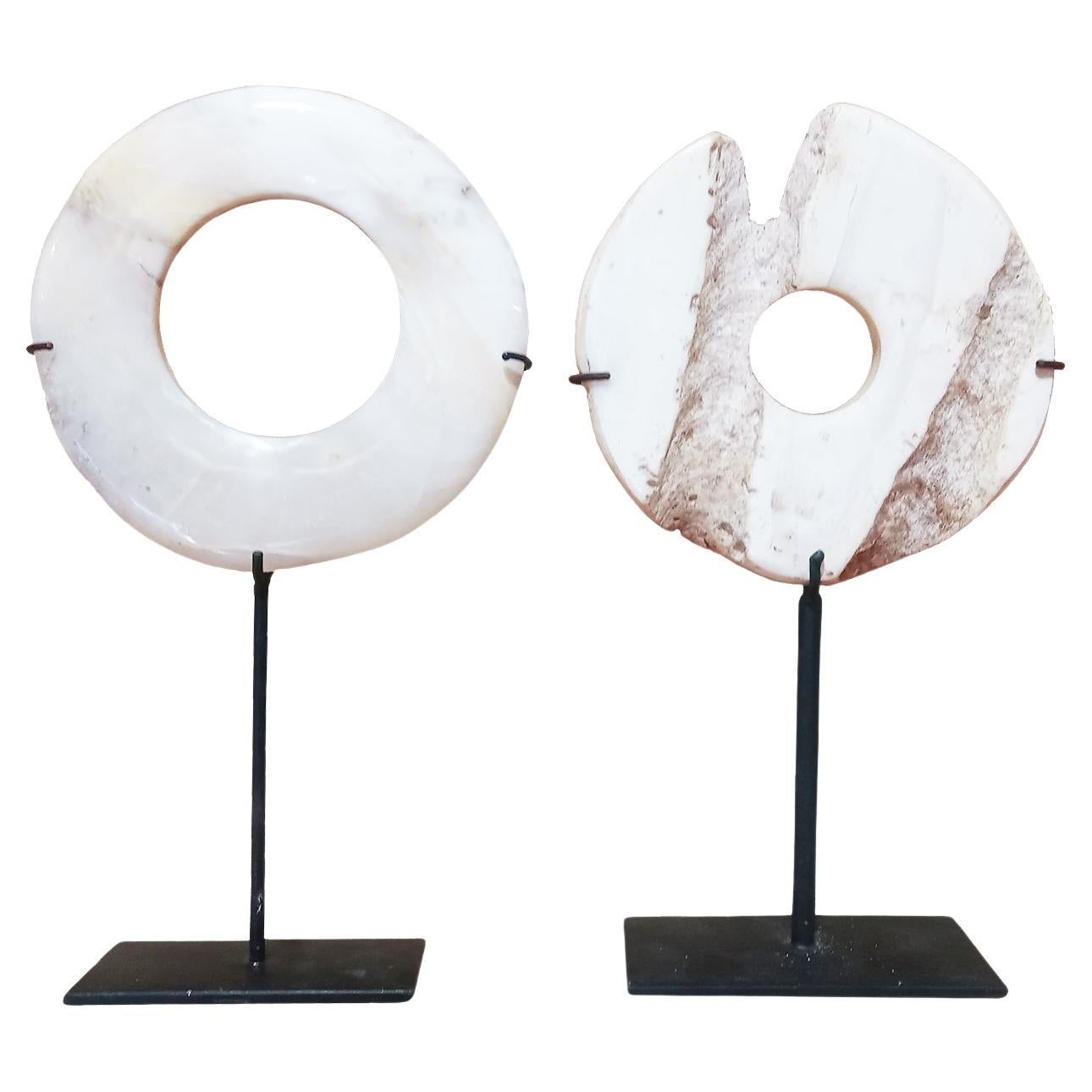 Two Stone Disks from Indonesia, Mounted For Sale