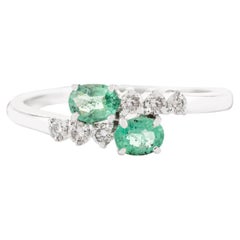 Two Stone Emerald and Diamond Wedding Ring for Her in 14k Solid White Gold