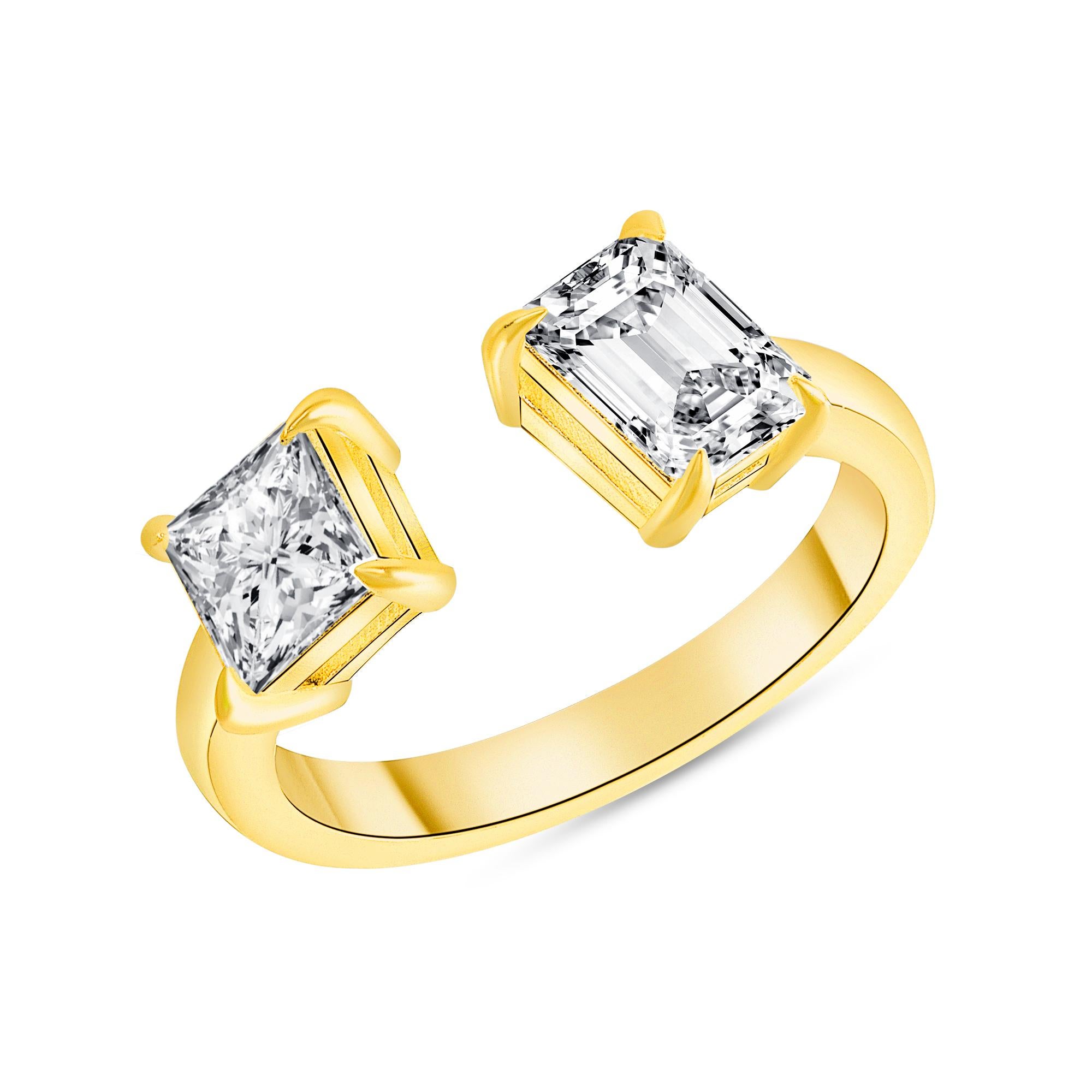 Im Angebot: Zwei Stein Smaragd und Diamant im Prinzessinnenschliff Verlobungsring 1,00 Karat () 3