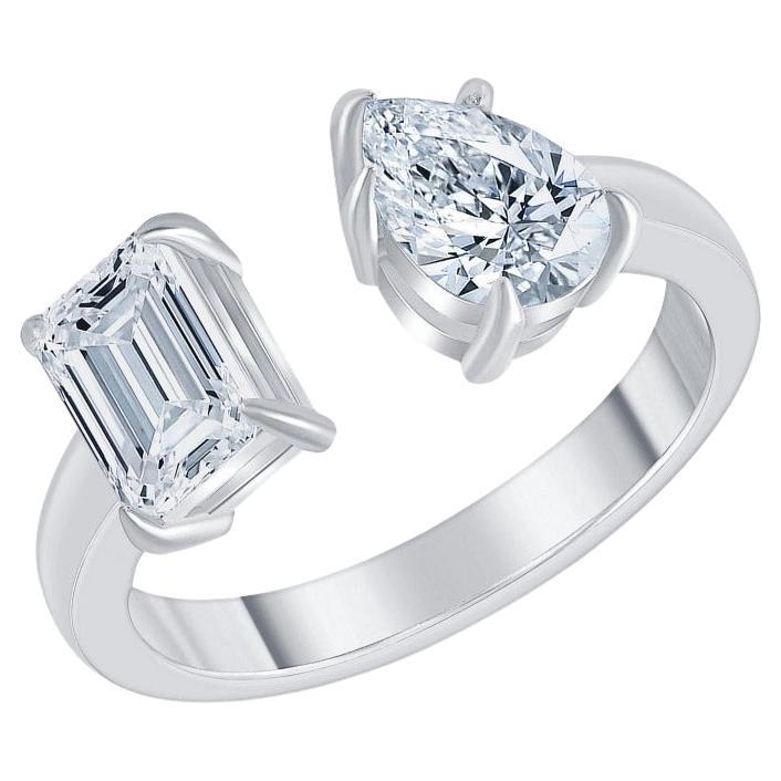 For Sale:  Two Stone Emerald Cut and Pear Shape Diamond Engagement Ring 1.00 Carat