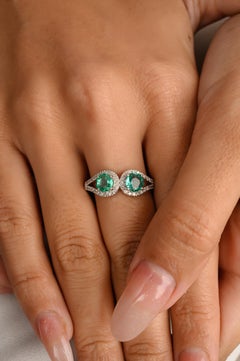Two Stone Emerald Diamond Loop Wedding Ring in 14k Solid White Gold