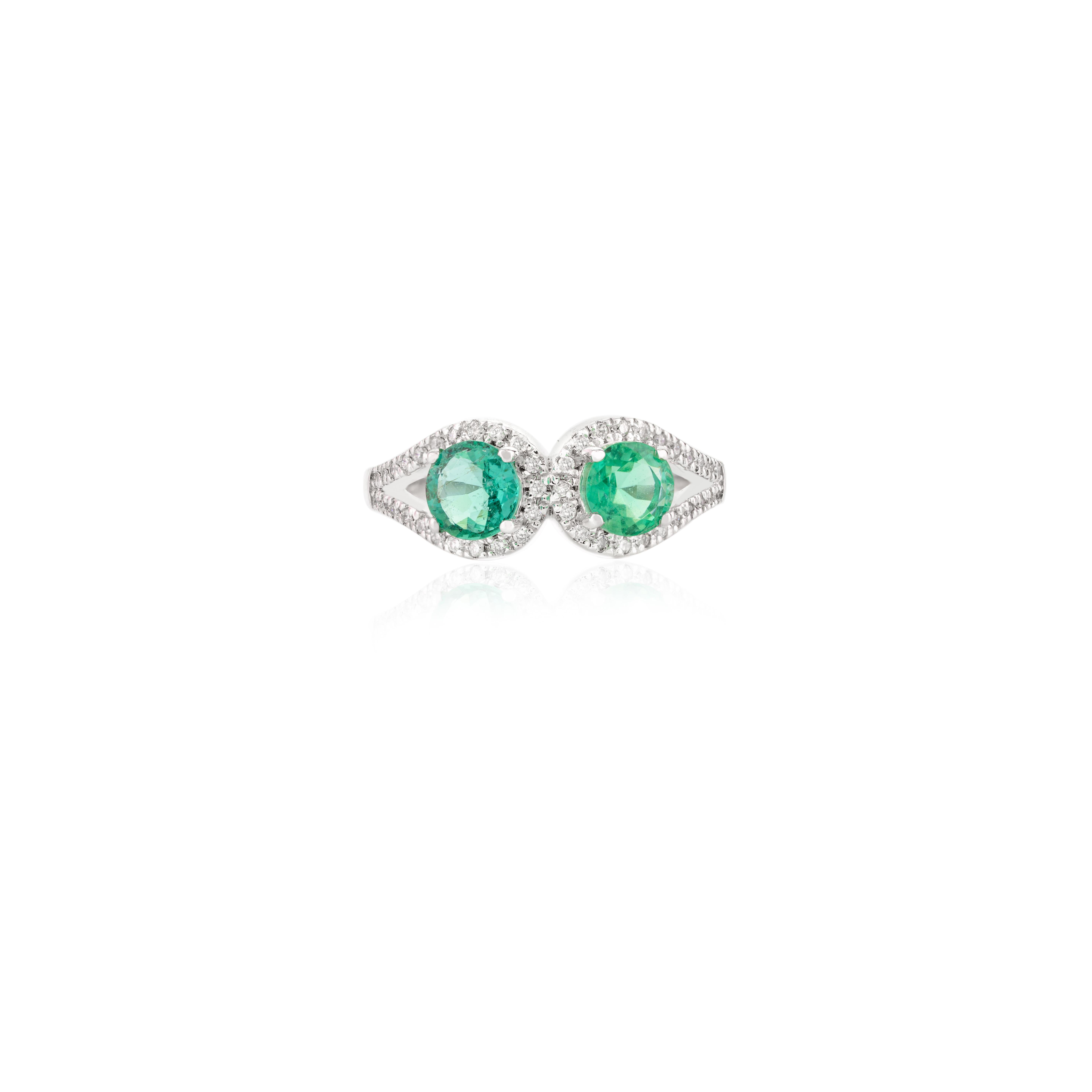 For Sale:  Two Stone Emerald Diamond Loop Wedding Ring in 14k Solid White Gold 3
