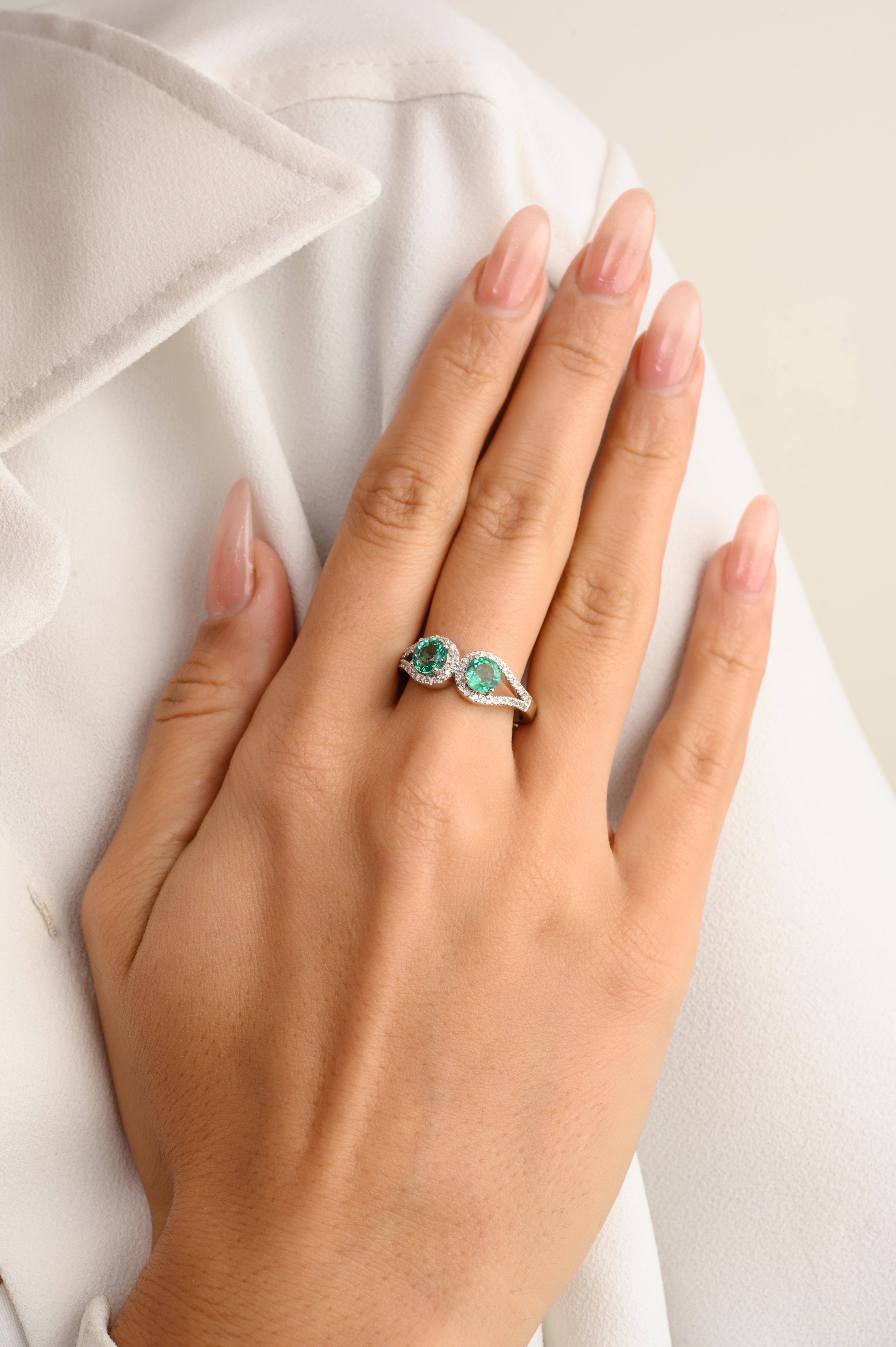 For Sale:  Two Stone Emerald Diamond Loop Wedding Ring in 14k Solid White Gold 5