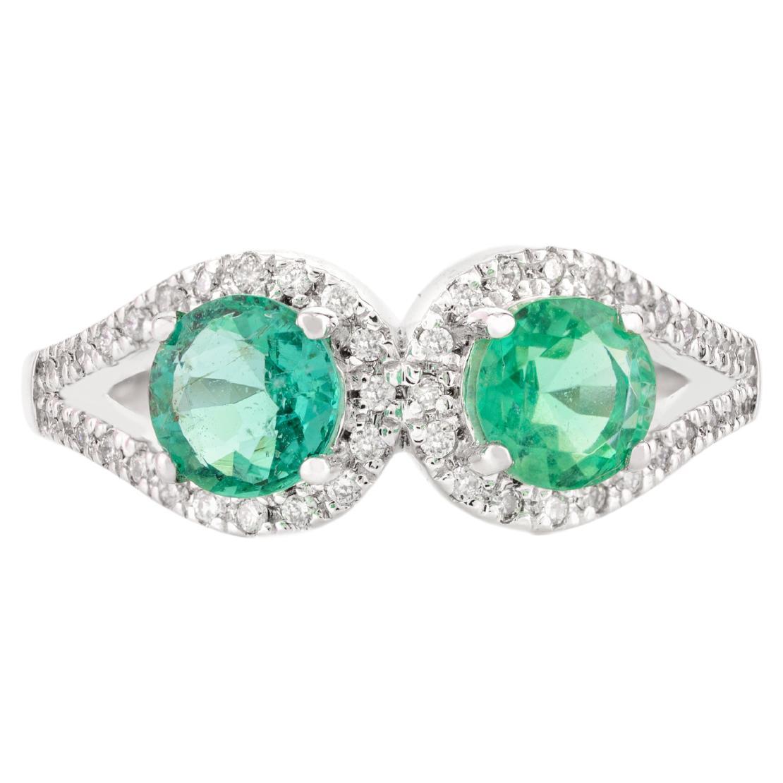 For Sale:  Two Stone Emerald Diamond Loop Wedding Ring in 14k Solid White Gold