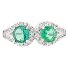 Two Stone Emerald Diamond Loop Wedding Ring in 14k Solid White Gold