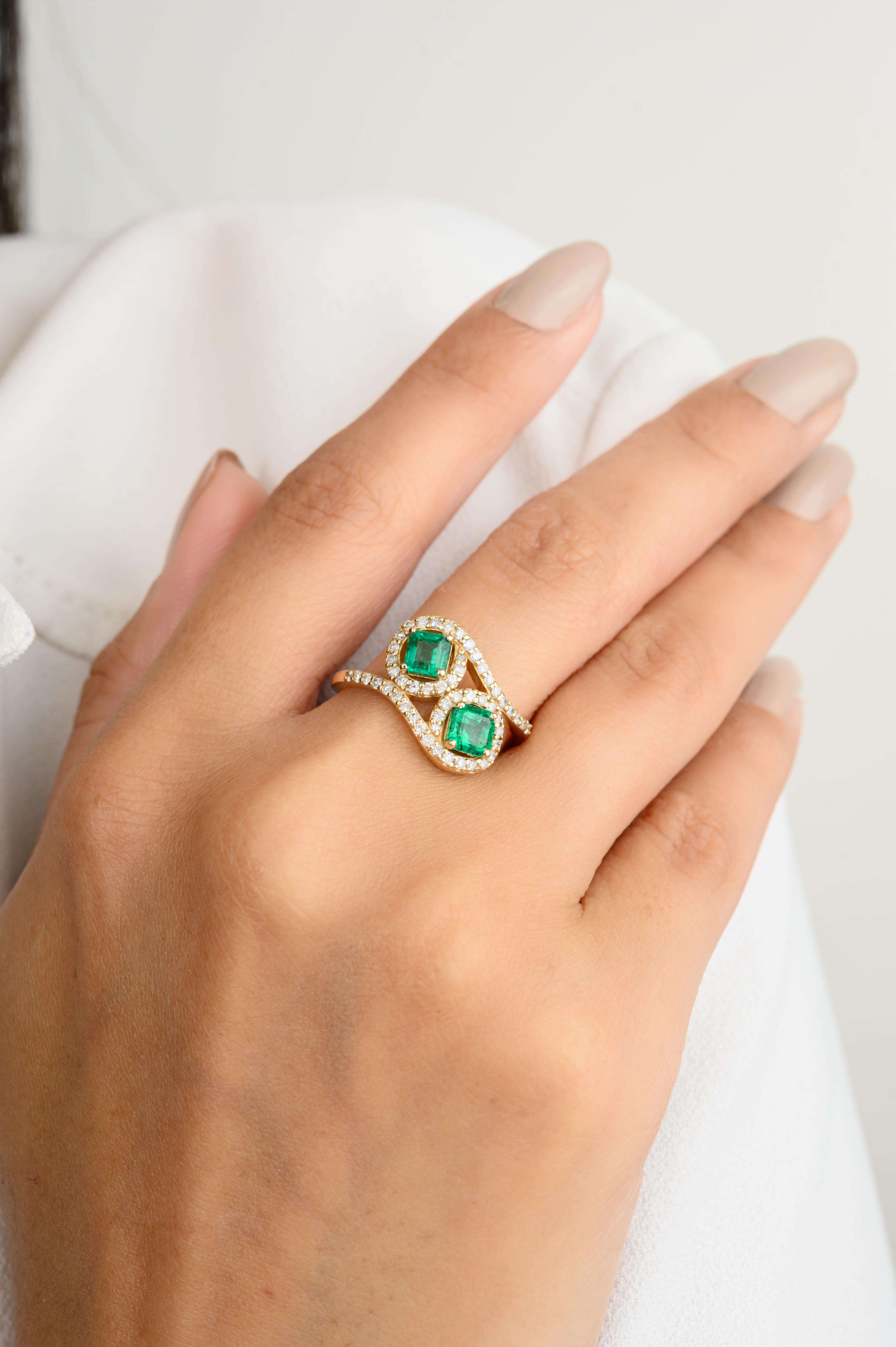 For Sale:  Two Stone Emerald Halo Wedding Ring Gift for Her in 18k Solid Yellow Gold 2