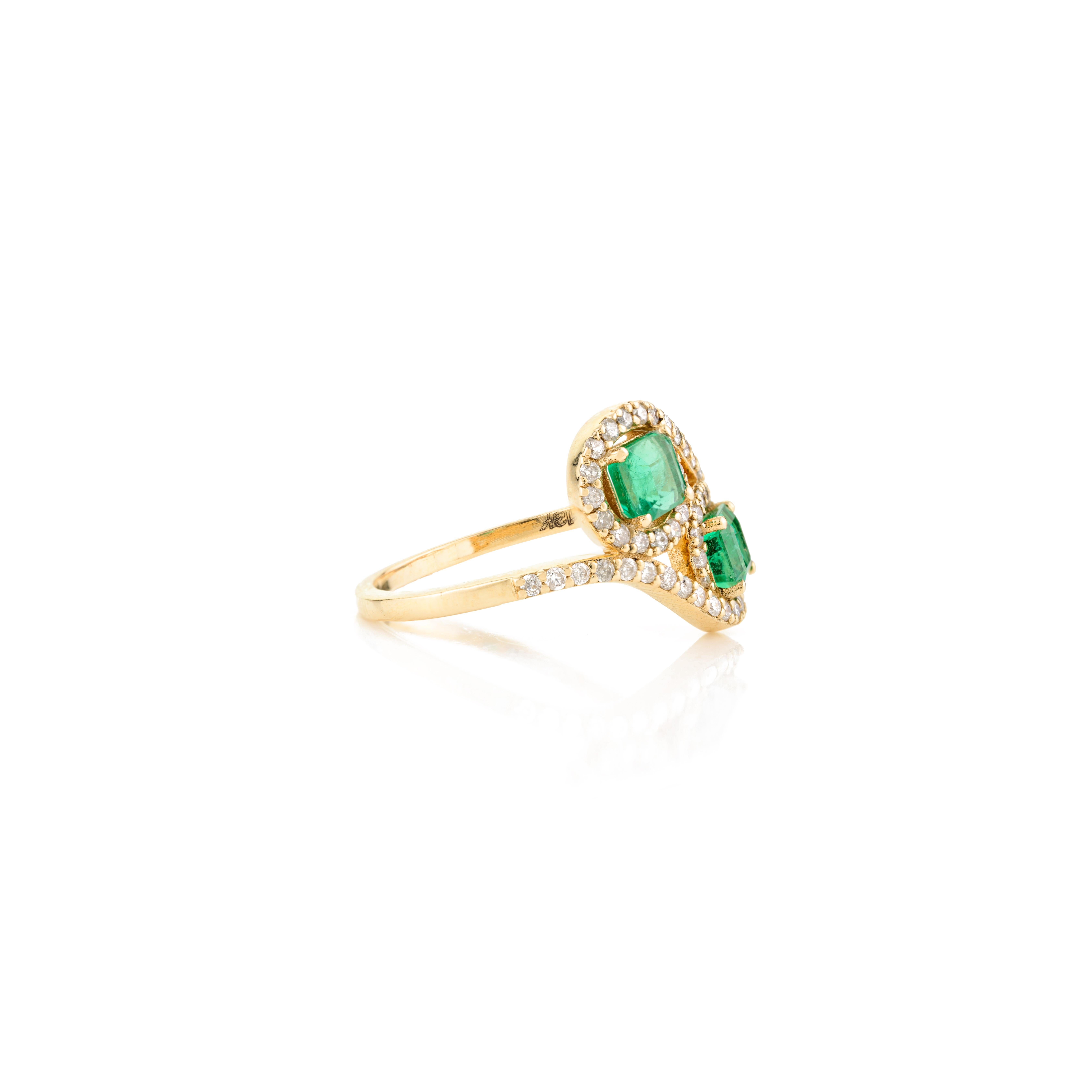 For Sale:  Two Stone Emerald Halo Wedding Ring Gift for Her in 18k Solid Yellow Gold 3