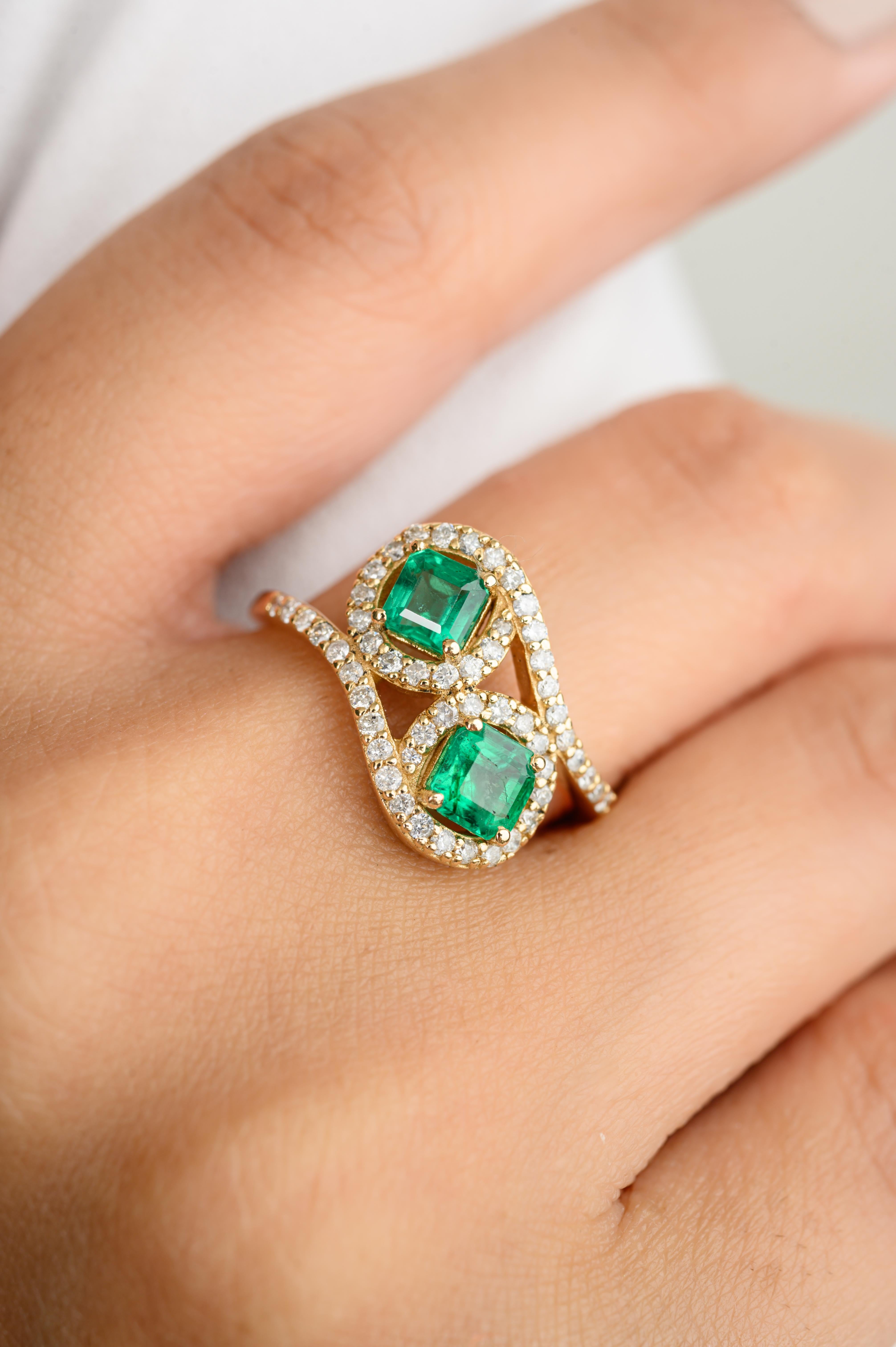 For Sale:  Two Stone Emerald Halo Wedding Ring Gift for Her in 18k Solid Yellow Gold 4