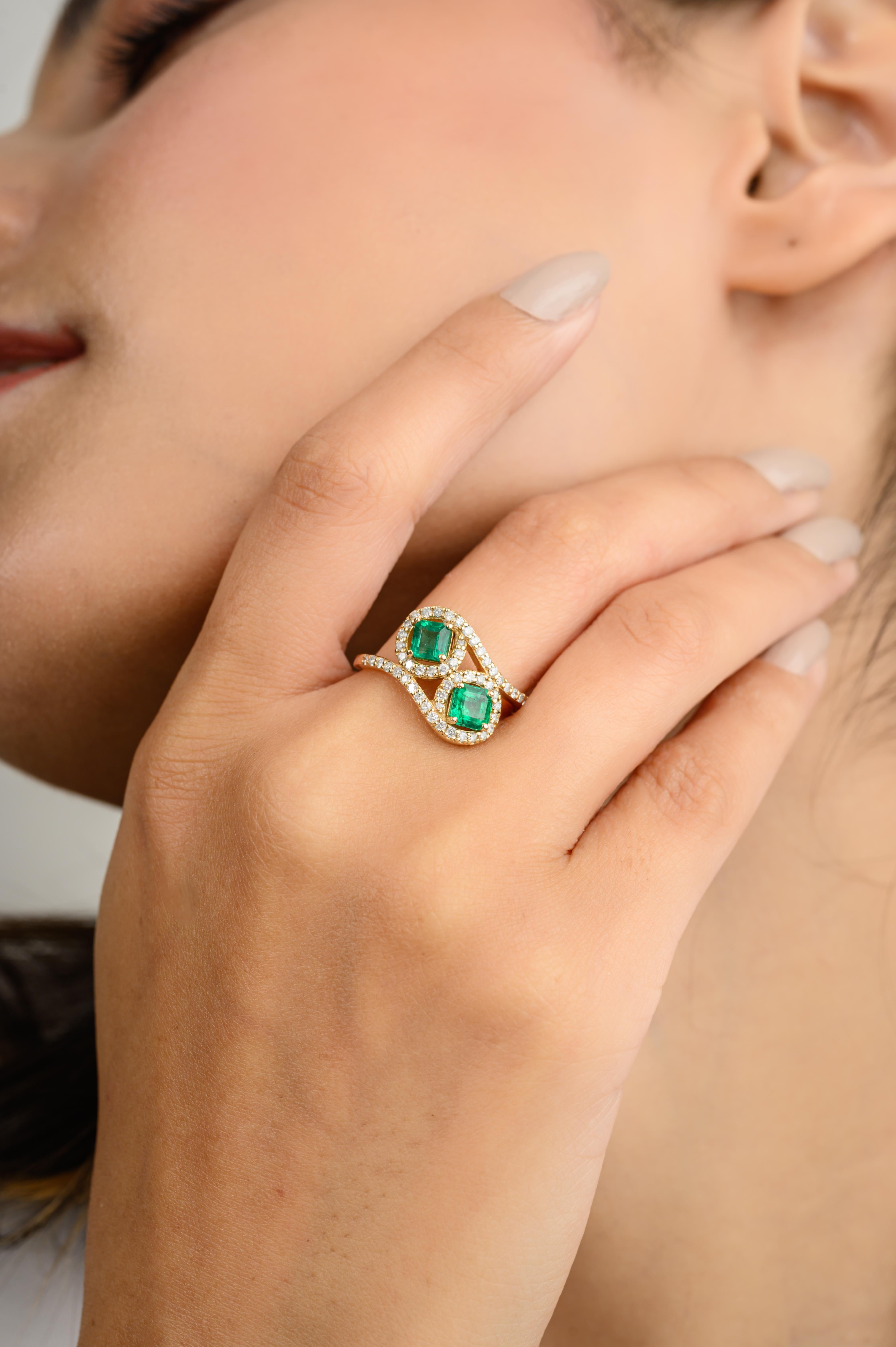 For Sale:  Two Stone Emerald Halo Wedding Ring Gift for Her in 18k Solid Yellow Gold 6